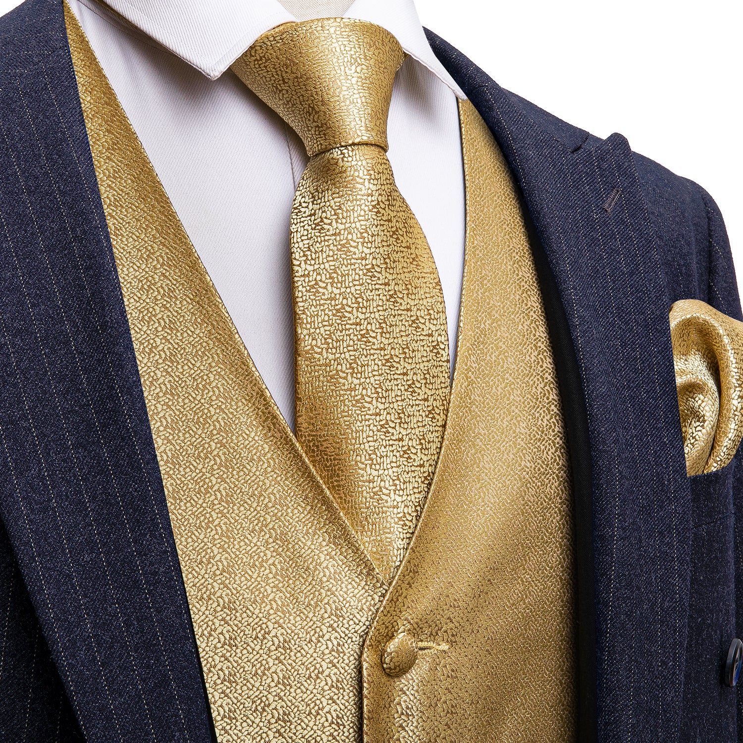 Men's Gold Solid Silk Vest Necktie Pocket square Cufflinks Set