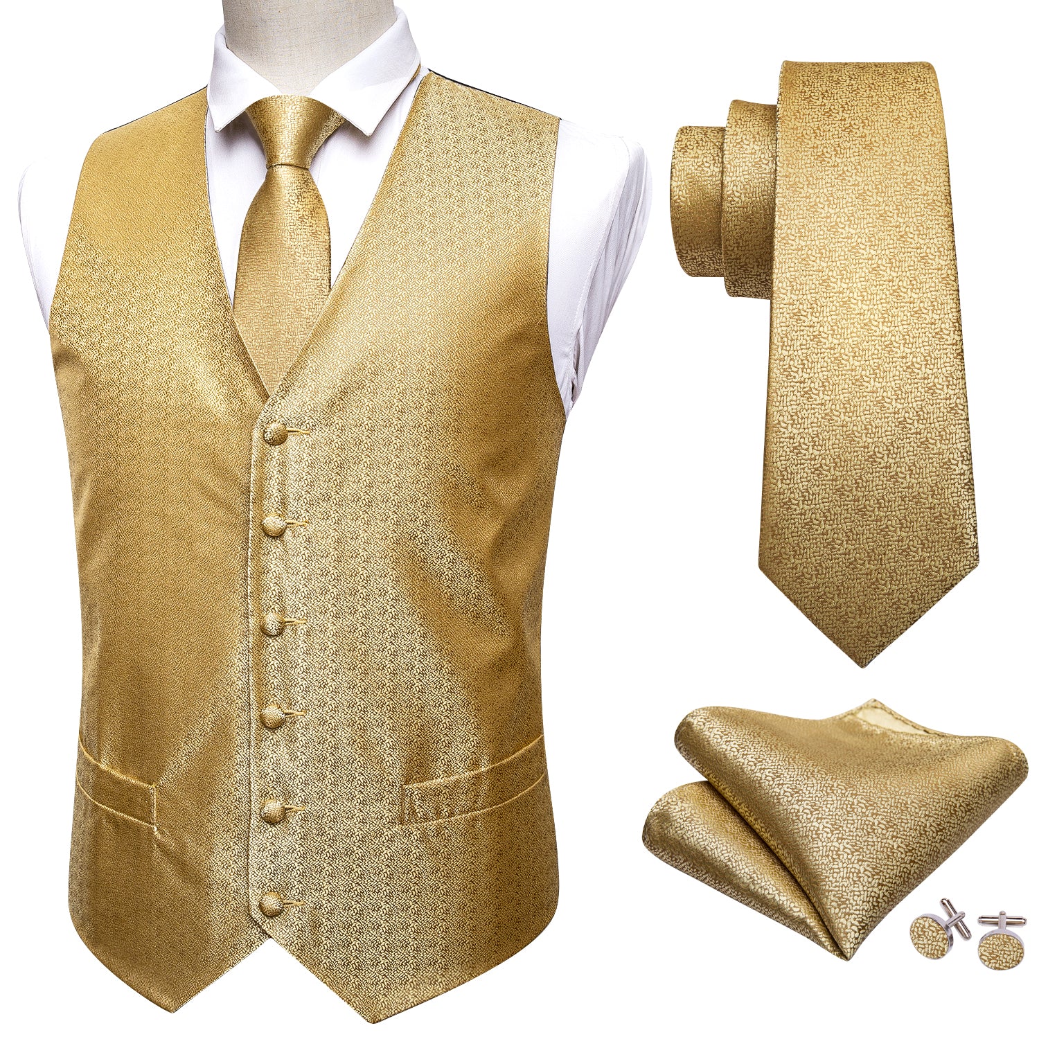 Men's Gold Solid Silk Vest Necktie Pocket square Cufflinks Set
