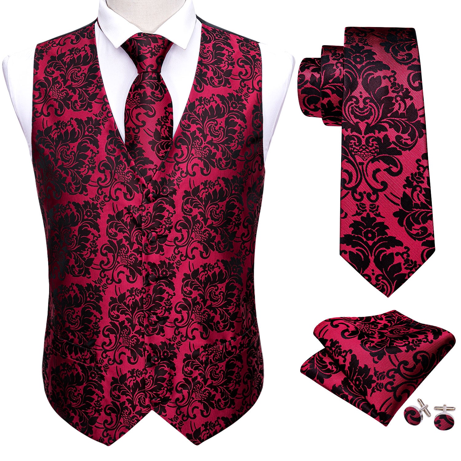 Men's Black Red Paisley Silk Vest Necktie Pocket square Cufflinks