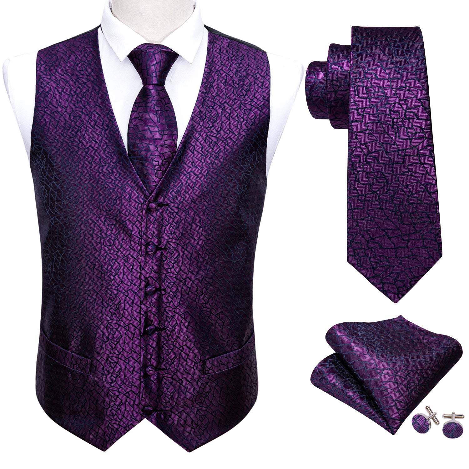 Men's Purple Blue Paisley Silk Vest Necktie Pocket square Cufflinks