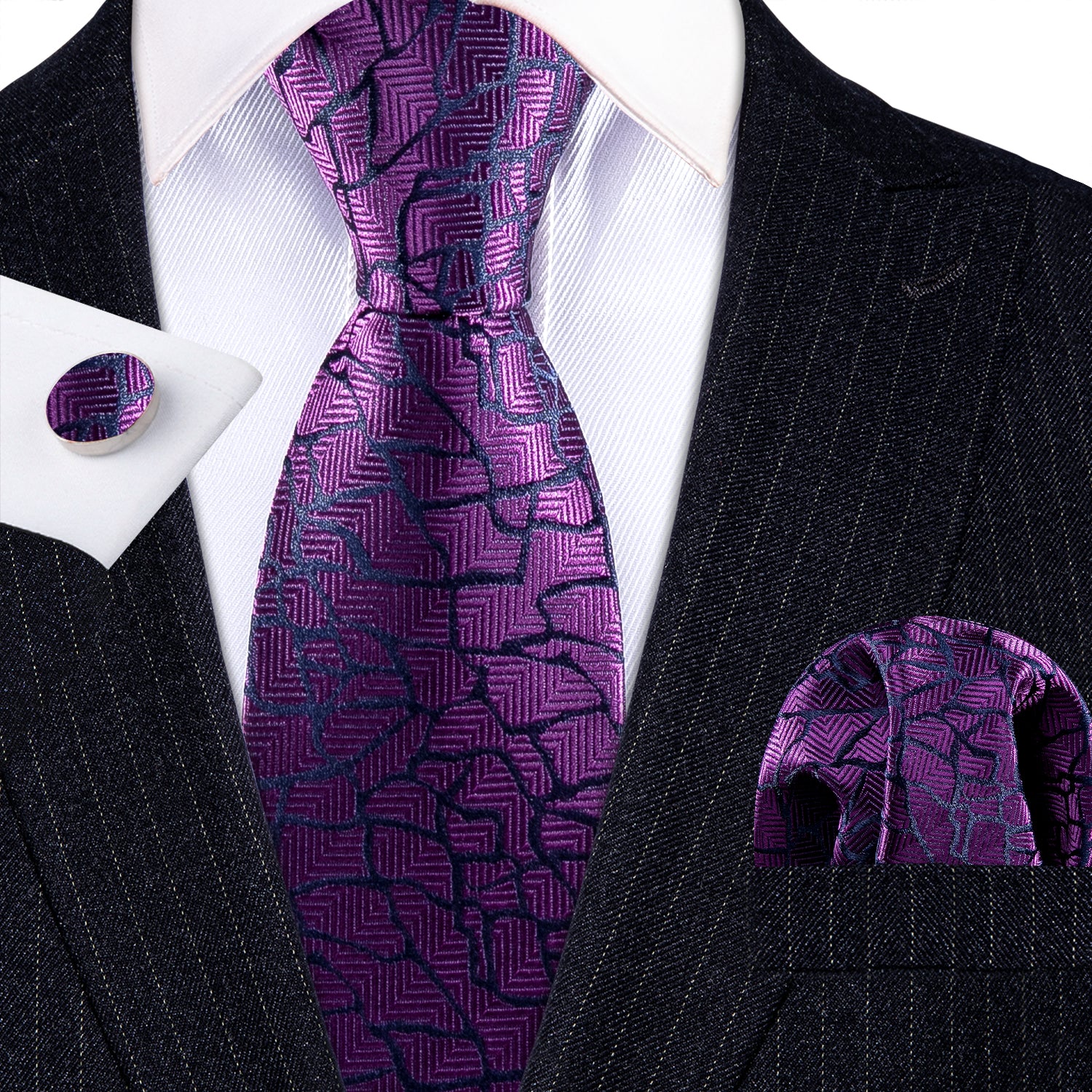 Men's Purple Blue Paisley Silk Vest Necktie Pocket square Cufflinks