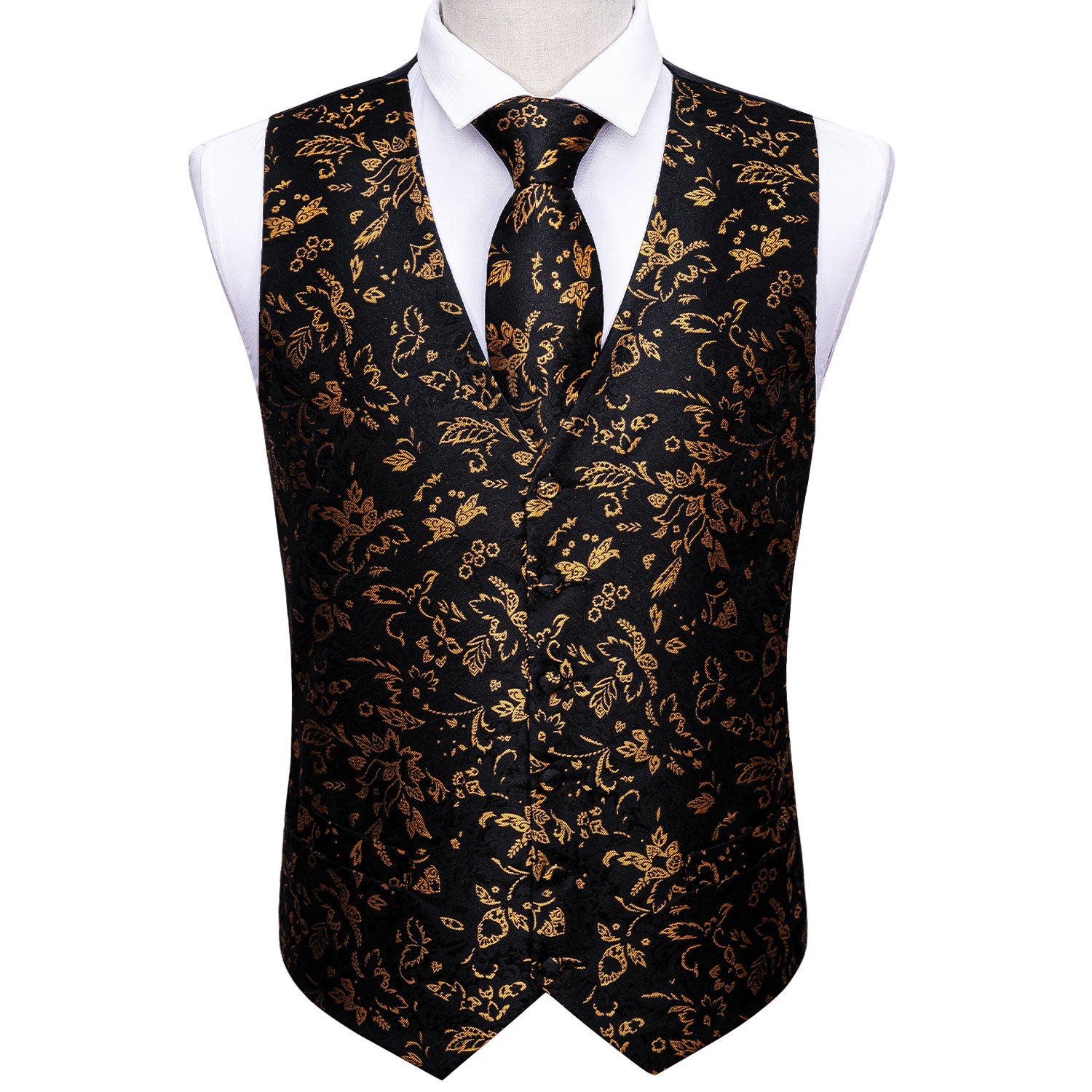Barry. Wang Gold Floral Suit Vest Black Formal Dress Waistcoat Tie Hanky Cufflinks Set, S Barry. Wang Gold Floral Suit Vest Black Formal Dress Waistcoat Tie Hanky Cufflinks Set, S