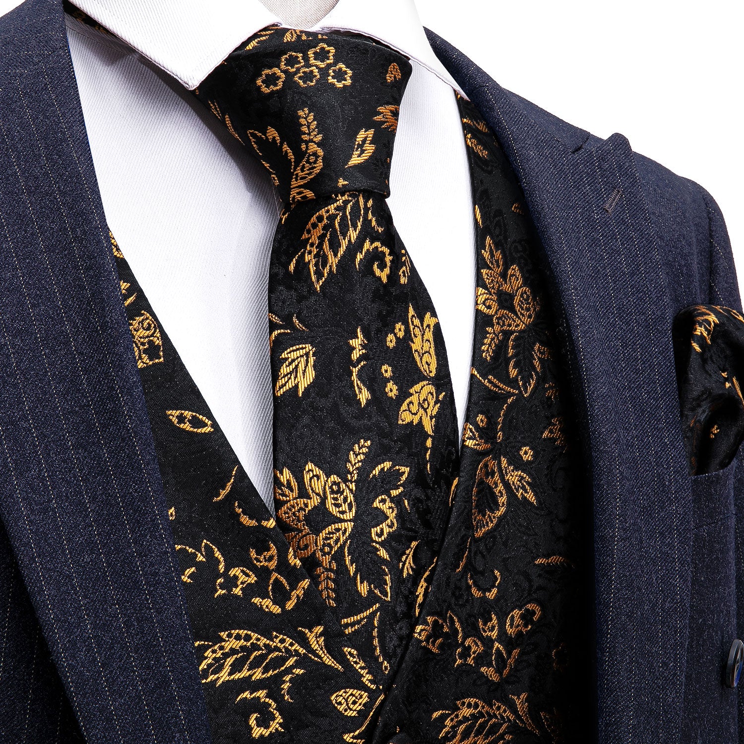 Men's Black Golden Paisley Silk Vest Necktie Pocket square Cufflinks