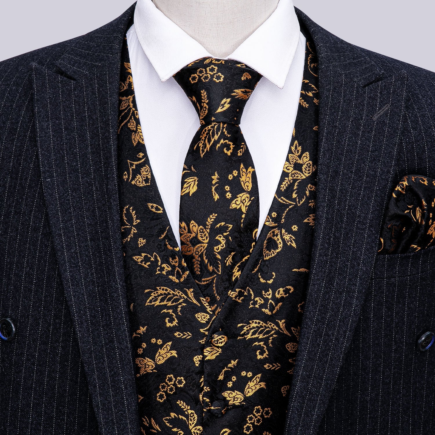 Men's Black Golden Paisley Silk Vest Necktie Pocket square Cufflinks