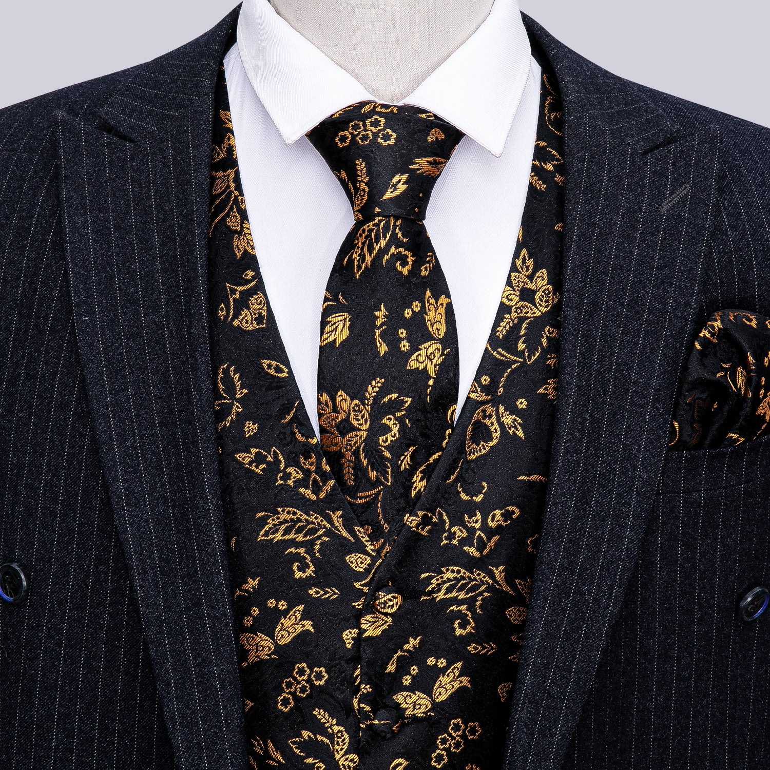 Barry. Wang Gold Floral Suit Vest Black Formal Dress Waistcoat Tie Hanky Cufflinks Set, S Barry. Wang Gold Floral Suit Vest Black Formal Dress Waistcoat Tie Hanky Cufflinks Set, S