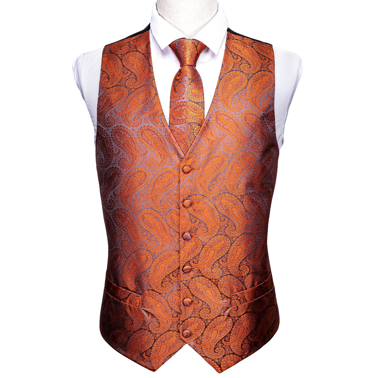 Barry.wang Men's Vest Orange Paisley Silk Tuxedo Vest Necktie Pocket Square Cufflinks Set