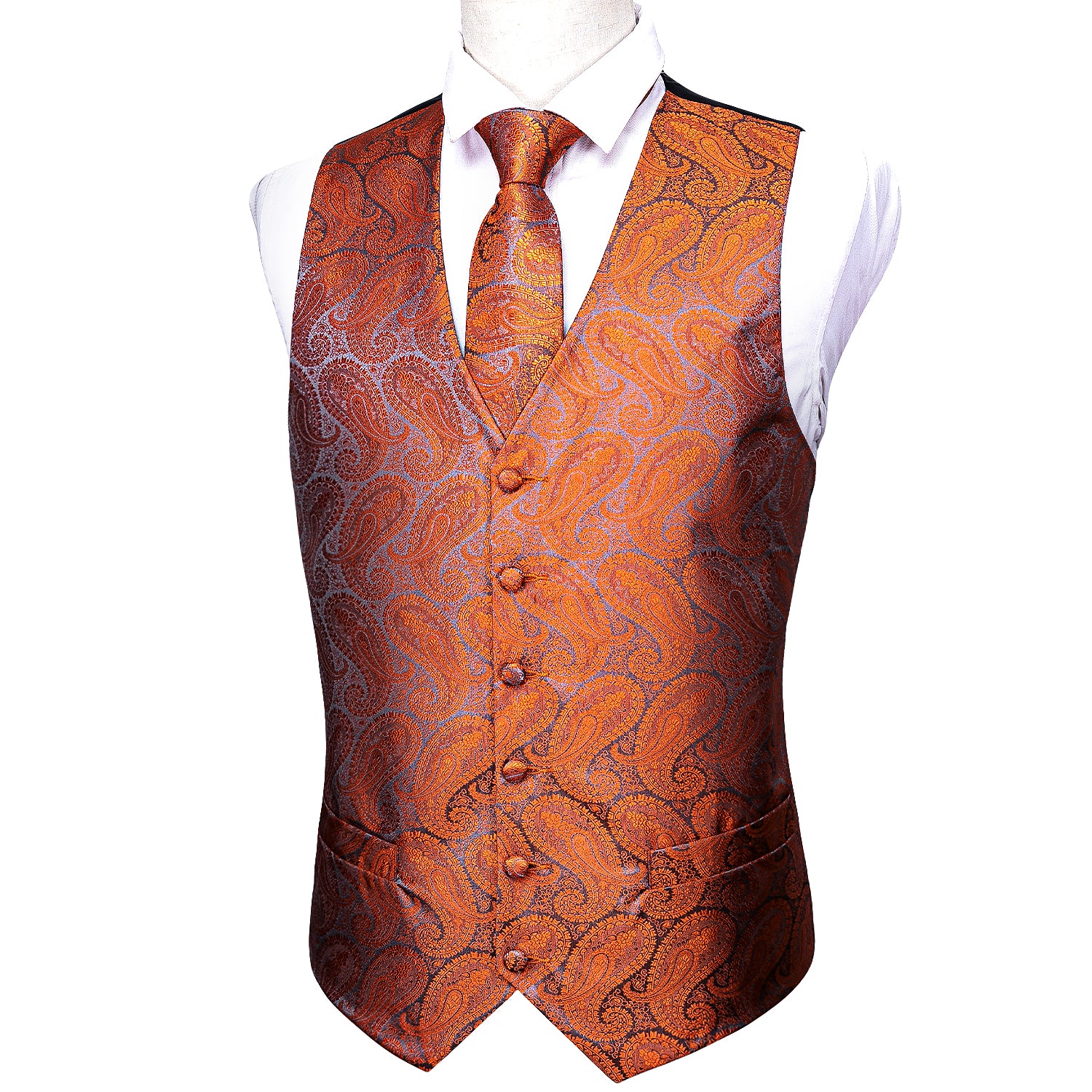 Men's Orange Paisley Silk Tuxedo Vest Necktie Pocket Square Cufflinks Set