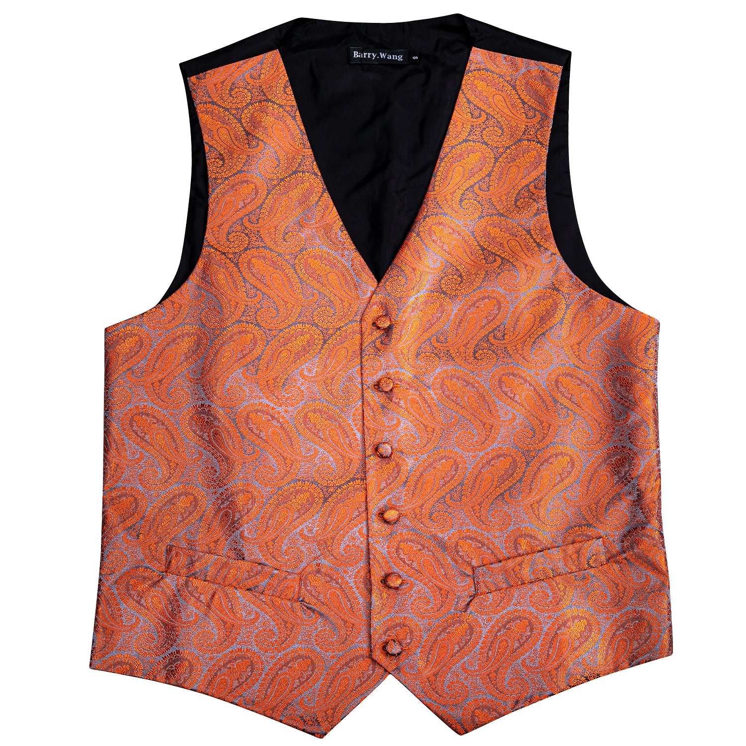 Men's Orange Paisley Silk Tuxedo Vest Necktie Pocket Square Cufflinks Set