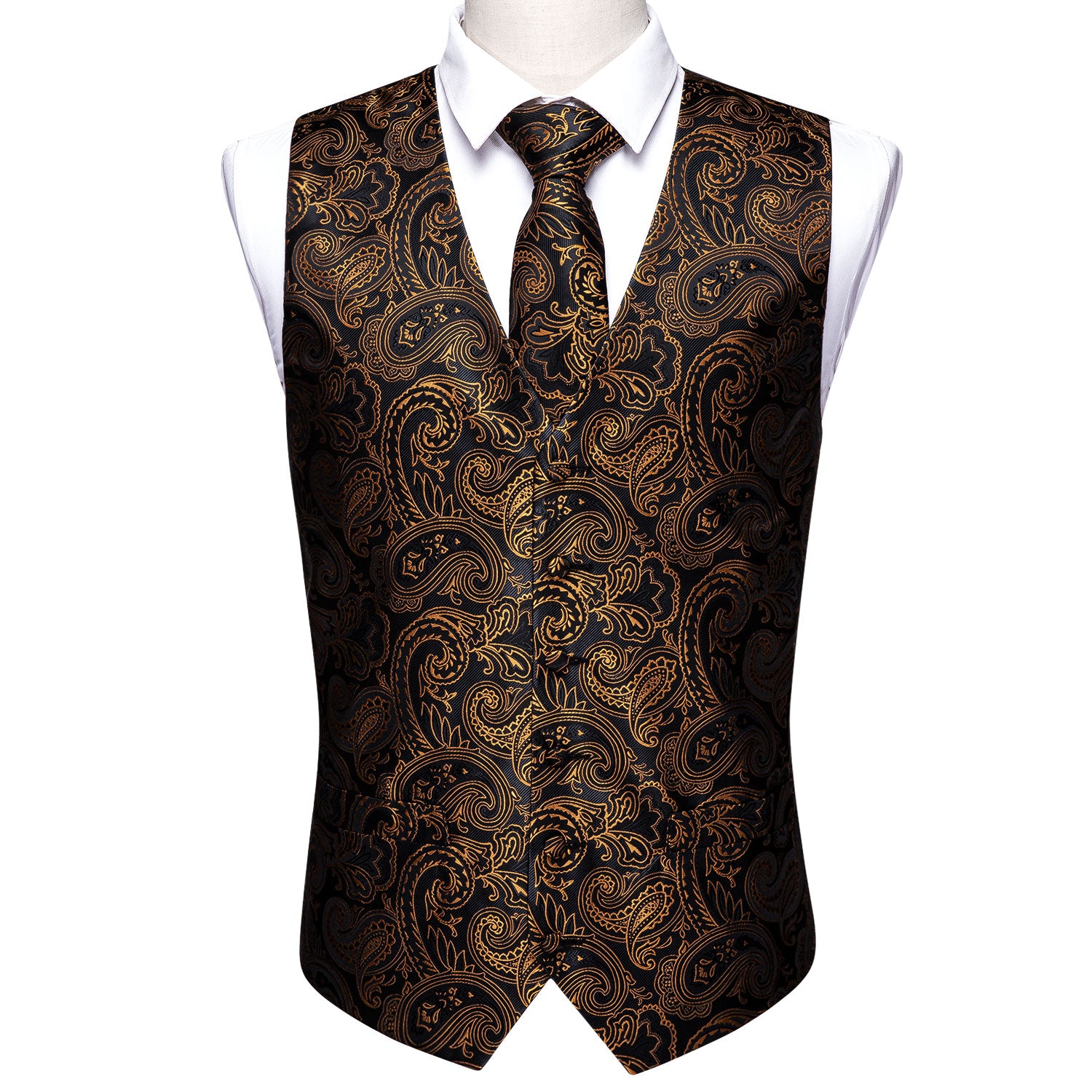 Luxury Men's Gloden Black Paisley Silk Vest Necktie Pocket square Cufflinks