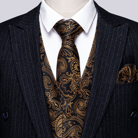 Barry. Wang Gold Paisley Suit Vest Black Formal Dress Waistcoat Tie Hanky Cufflinks Set