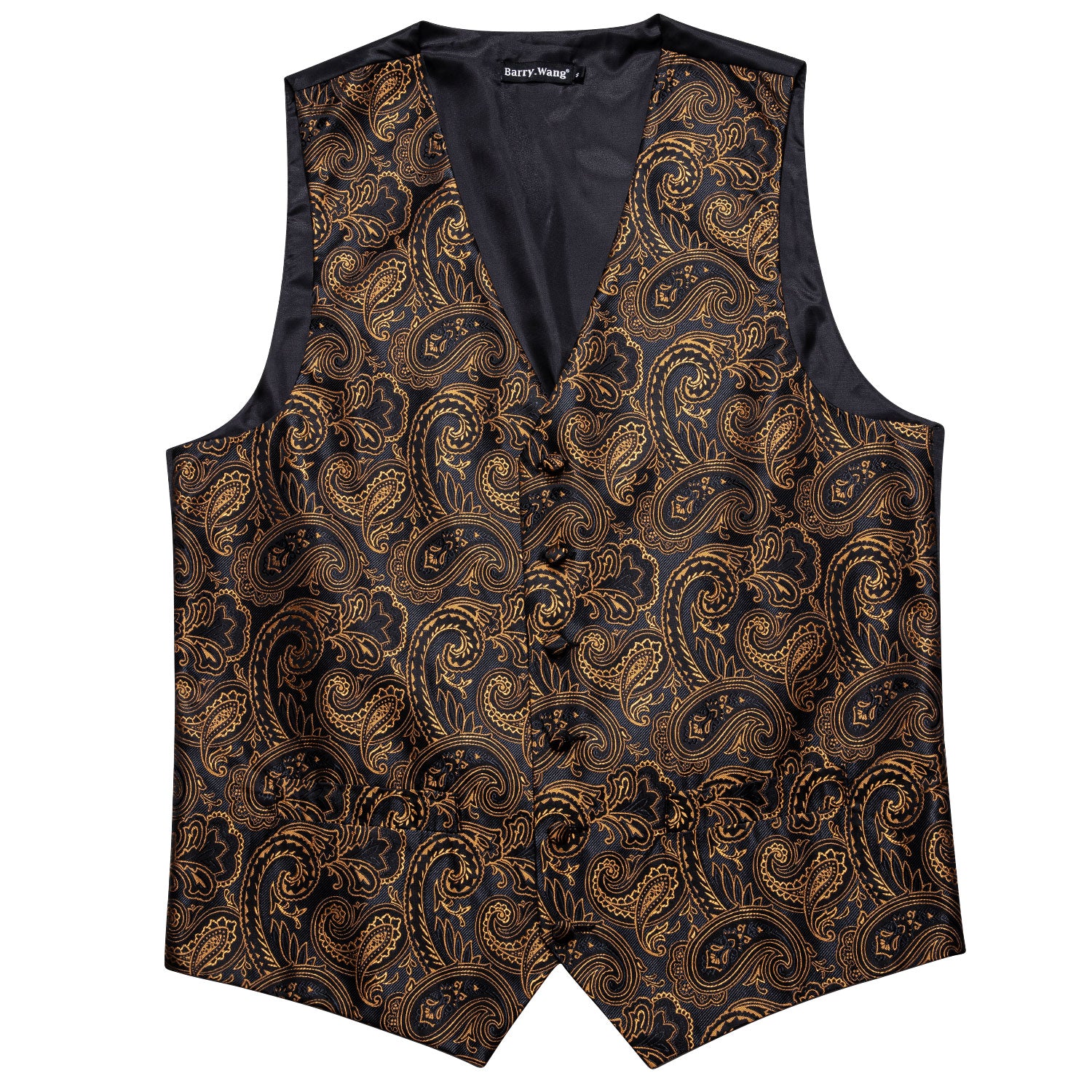 Luxury Men's Gloden Black Paisley Silk Vest Necktie Pocket square Cufflinks