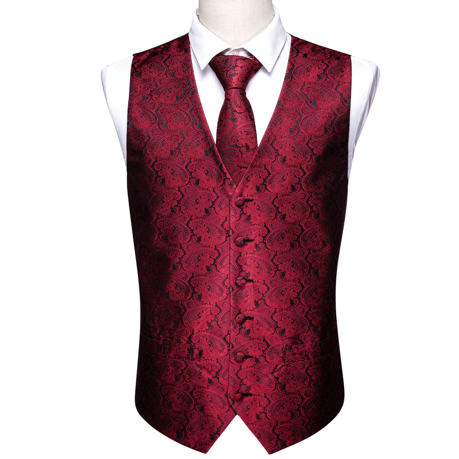 Luxury Men's Red Paisley Silk Vest Red Necktie Pocket Square Cufflinks Set