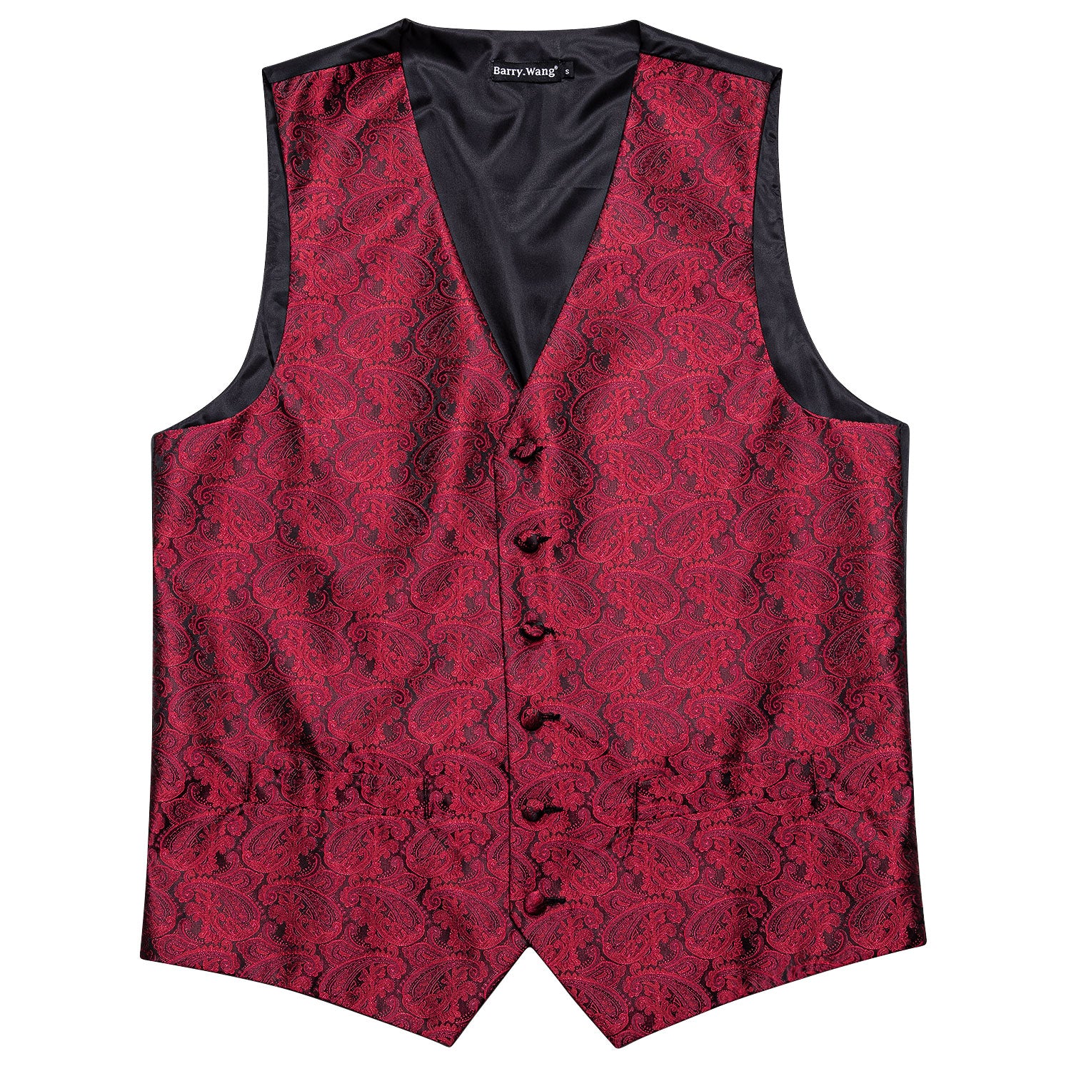 Luxury Men's Red Paisley Silk Vest Red Necktie Pocket Square Cufflinks Set