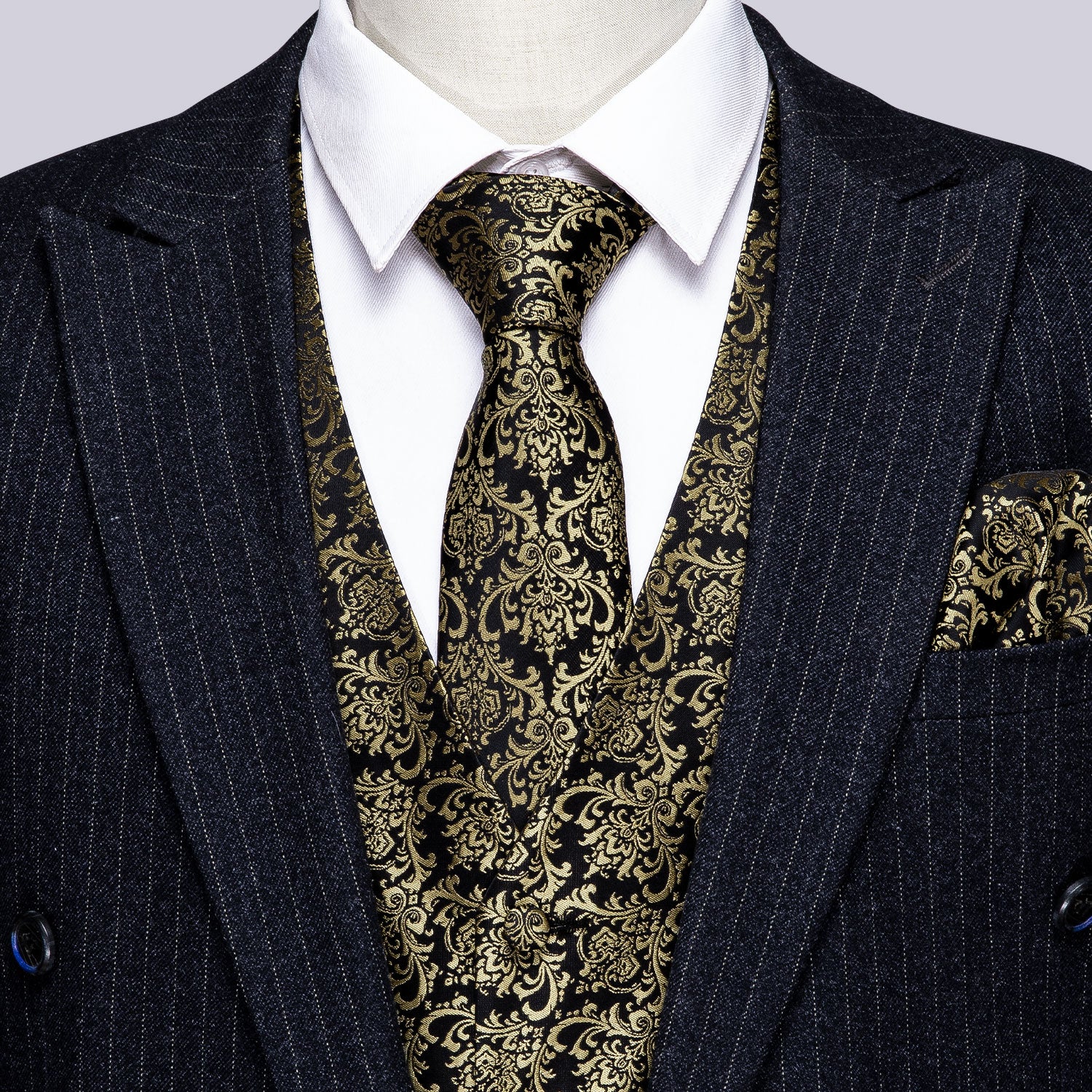 Luxury Men's Brown Black Floral Silk Vest Necktie Pocket square Cufflinks