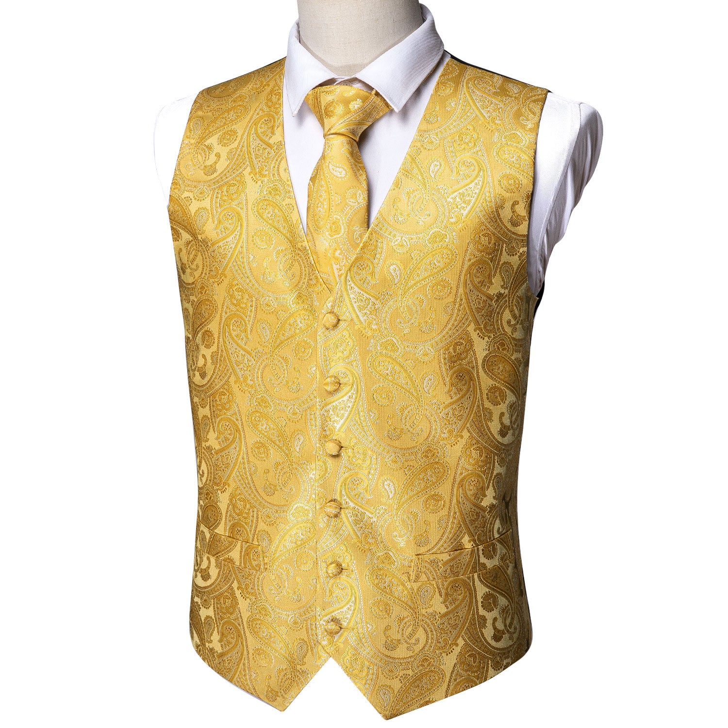 Luxury Men's Yellow Paisley Silk Vest Necktie Pocket square Cufflinks