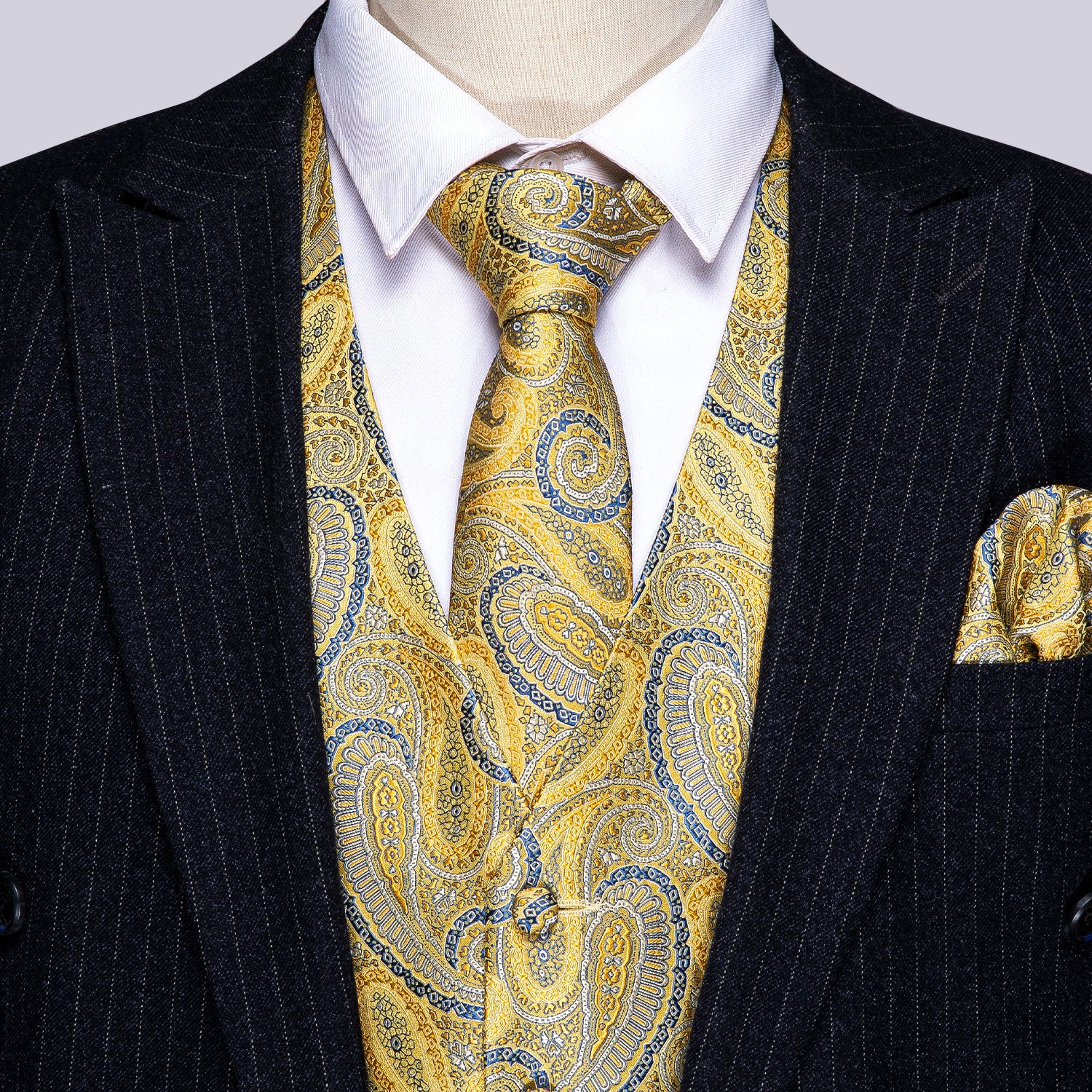 Luxury Men's Yellow Blue Paisley Silk Vest Red Necktie Pocket Square Cufflinks Set