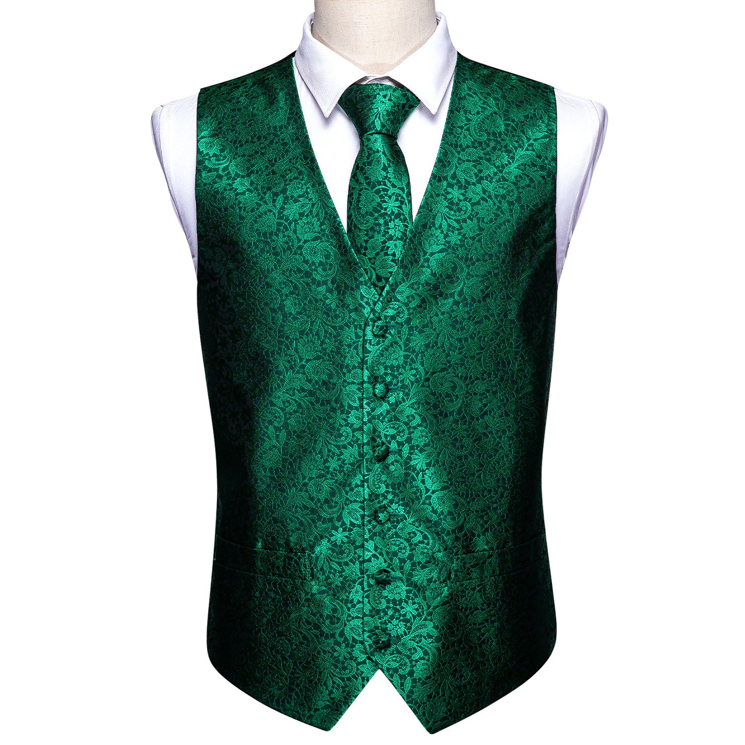 Luxury Men's Green Paisley Floral Silk Vest Red Necktie Pocket Square