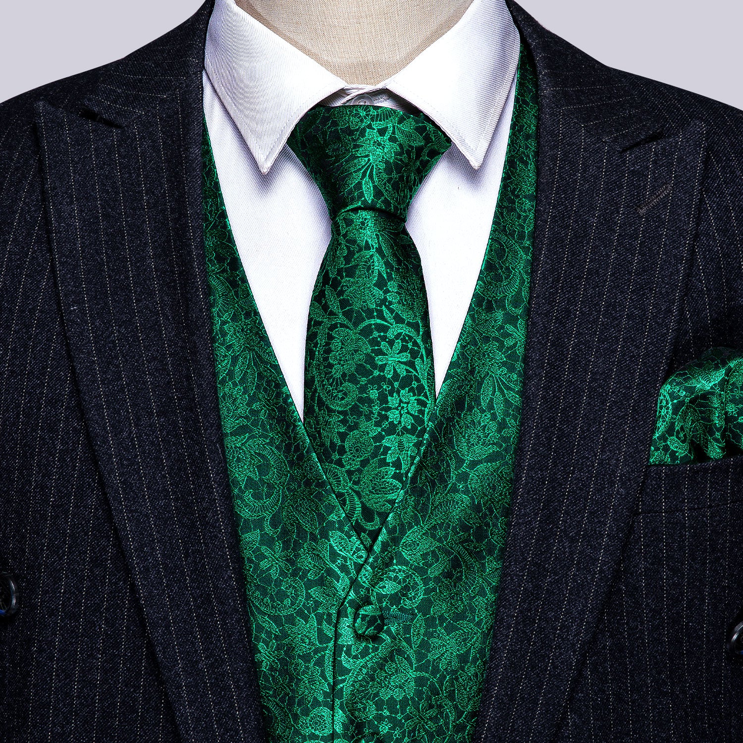 Luxury Men's Green Paisley Floral Silk Vest Red Necktie Pocket Square Cufflinks Set