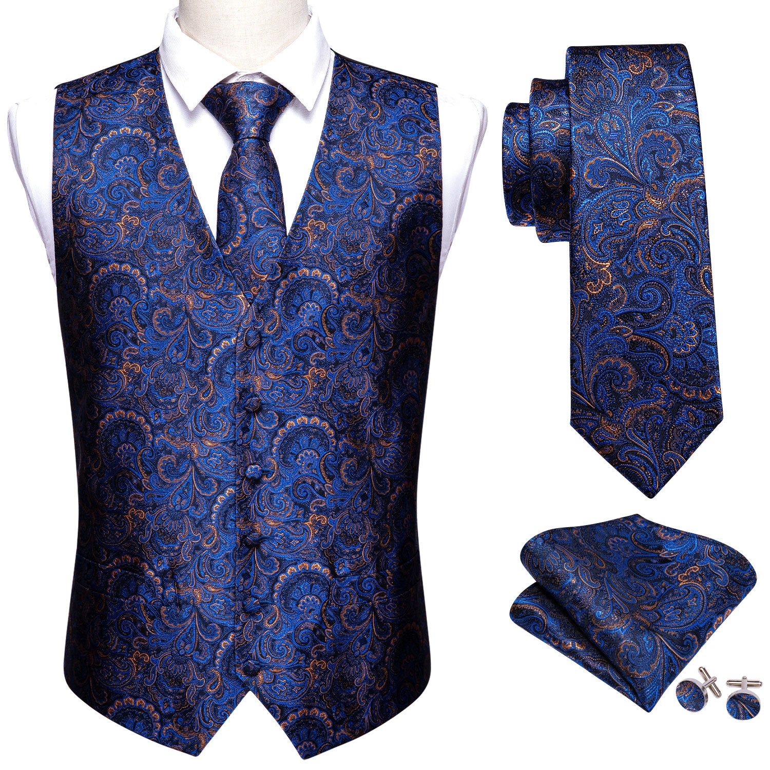 Luxury Men's Blue Paisley Silk Vest Necktie Pocket square Cufflinks