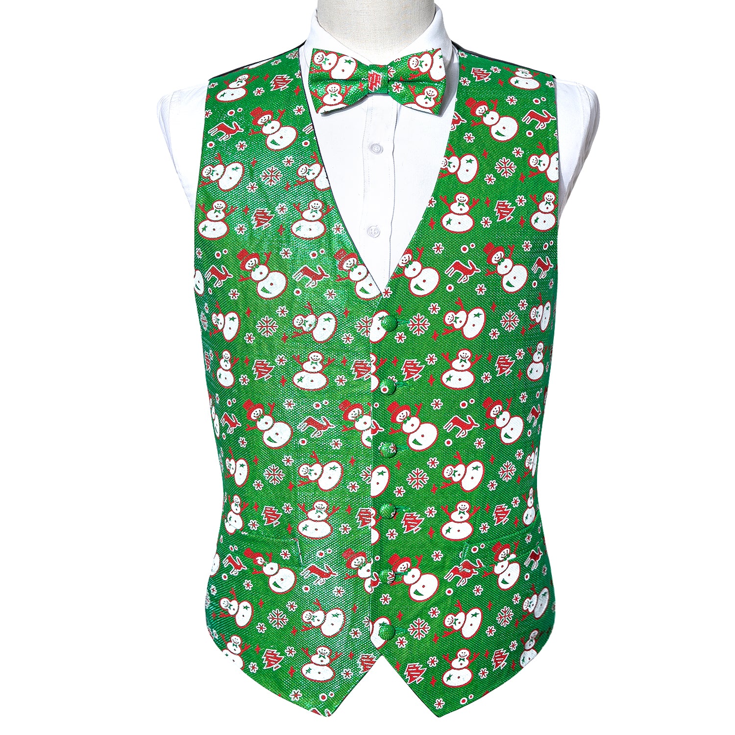 Barry.wang Christmas Vest Men's Novelty Green White Snowman Silk Vest Green Bowtie Set