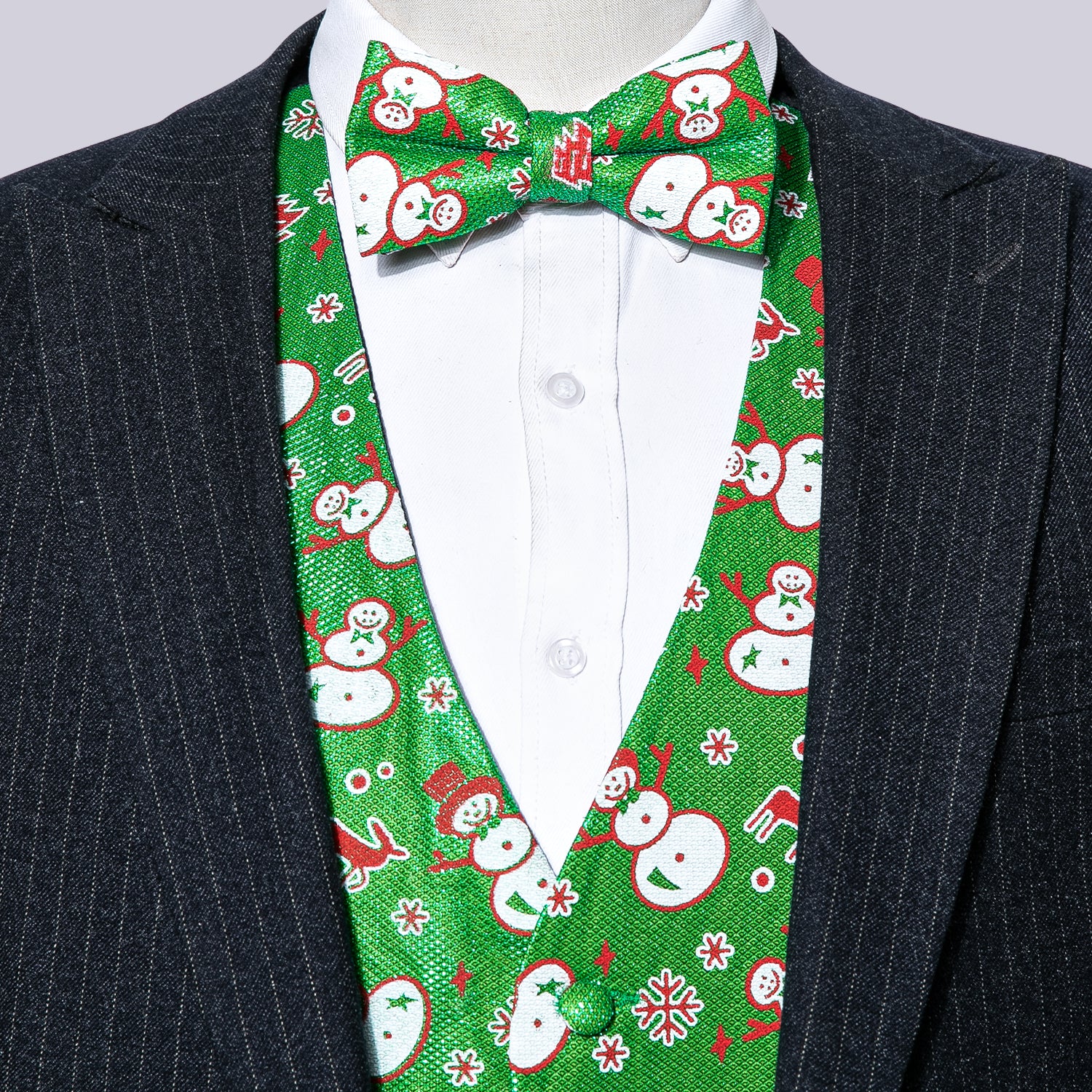 Christmas Men's Novelty Green White Snowman Silk Vest Green Bowtie Set