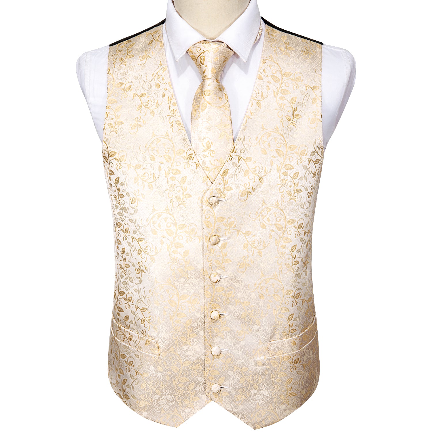 Men's Yellow Golden Floral Silk Vest Necktie Pocket square Cufflinks