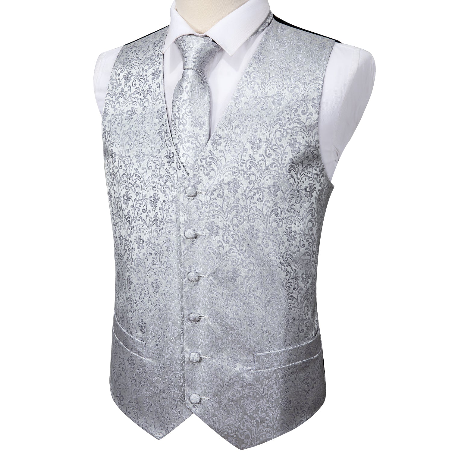 Men's White Grey Floral Silk Vest Necktie Pocket square Cufflinks