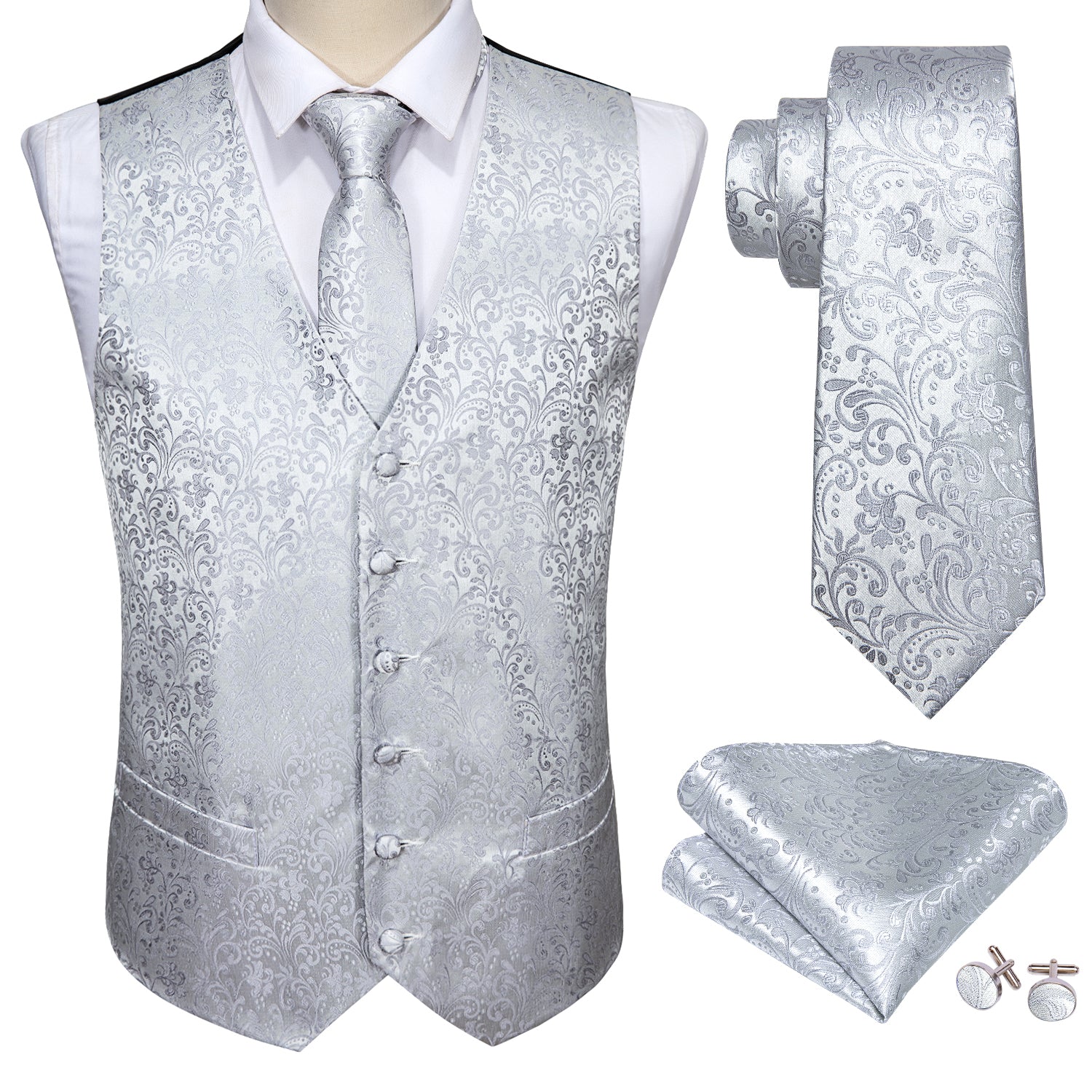 Men's White Grey Floral Silk Vest Necktie Pocket square Cufflinks
