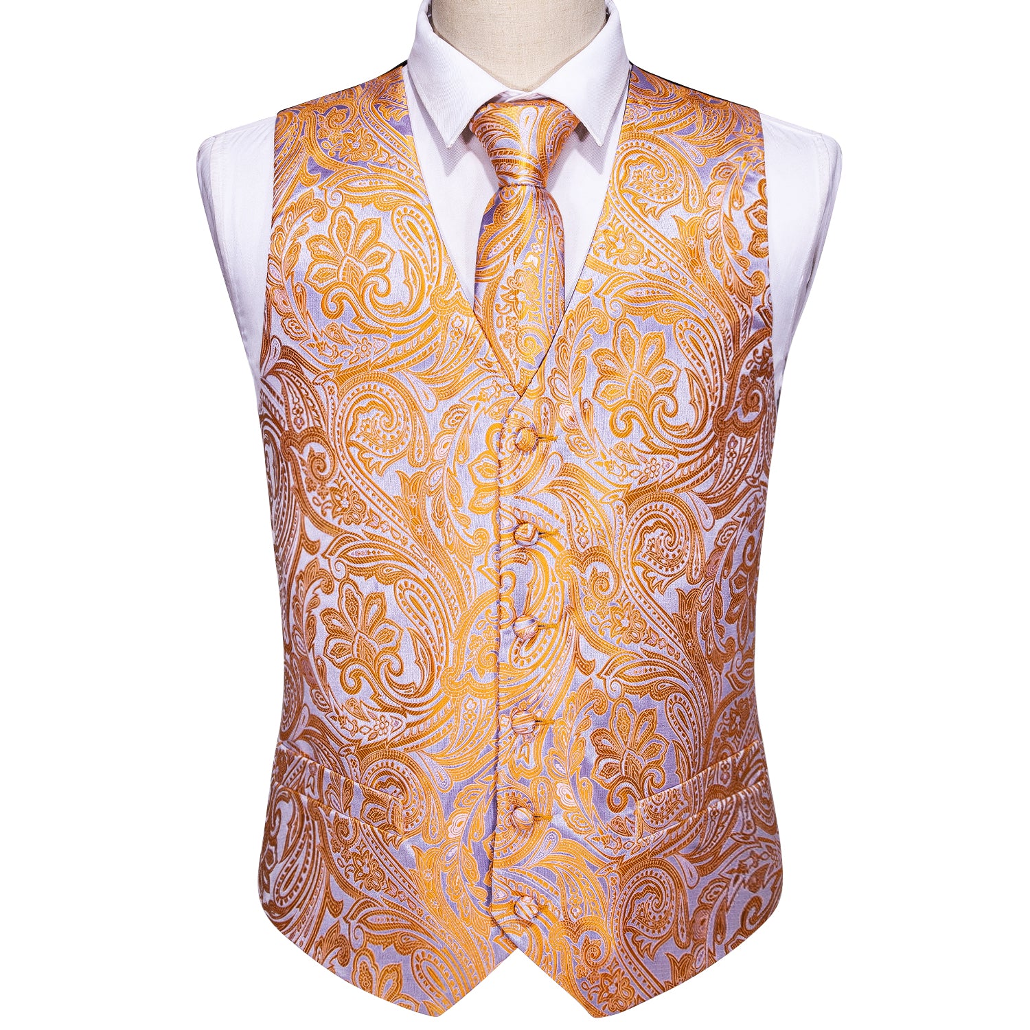 Men's Purple Orange Paisley Silk Vest Necktie Pocket square Cufflinks