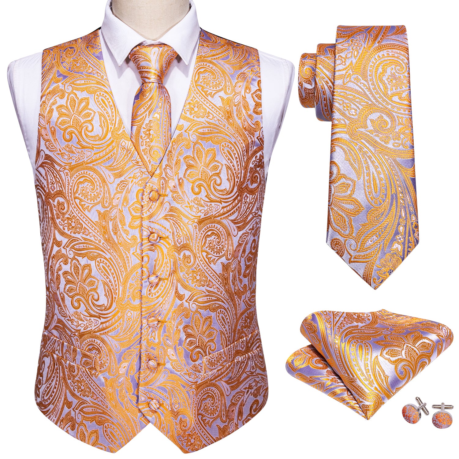 Men's Purple Orange Paisley Silk Vest Necktie Pocket square Cufflinks