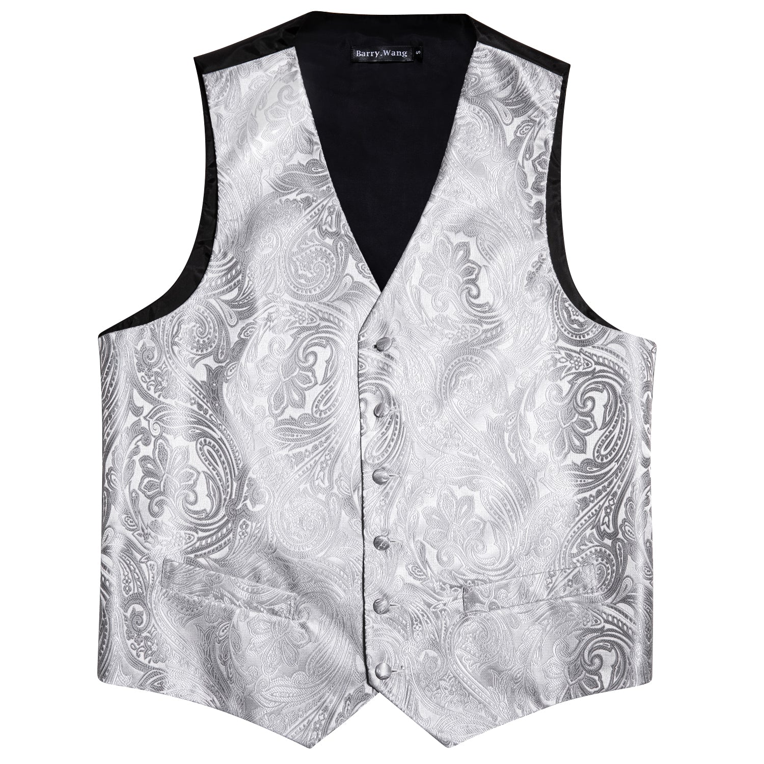 Men's Silver Paisley Silk Vest Necktie Pocket square Cufflinks