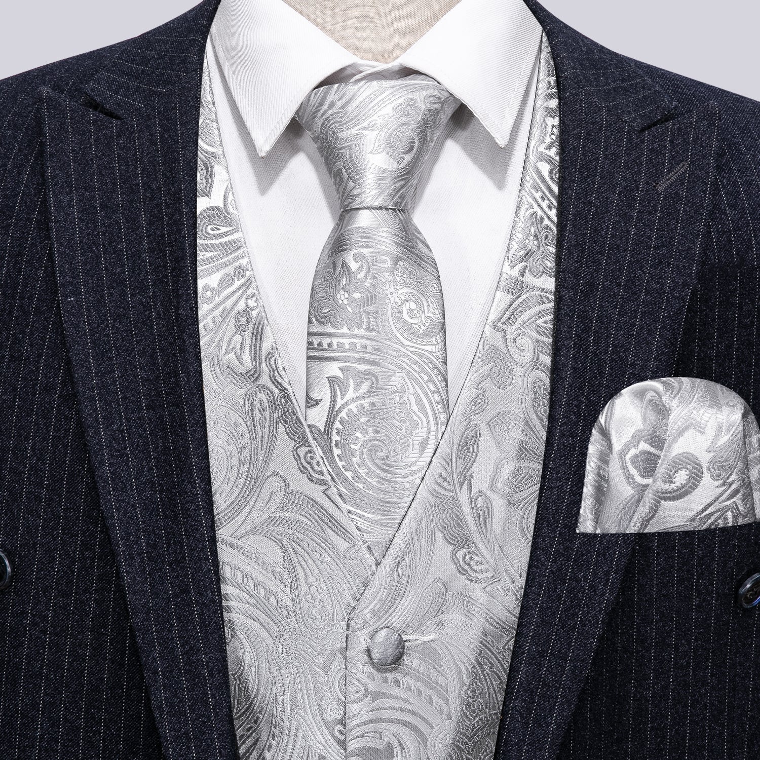 Men's Silver Paisley Silk Vest Necktie Pocket square Cufflinks