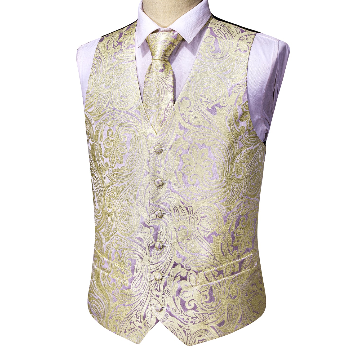 Men's Yellow Paisley Silk Vest Necktie Pocket square Cufflinks