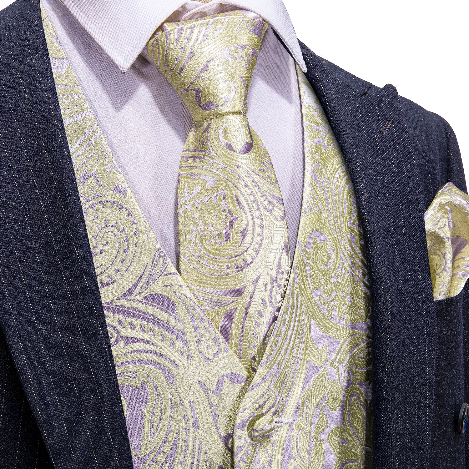 Men's Yellow Paisley Silk Vest Necktie Pocket square Cufflinks