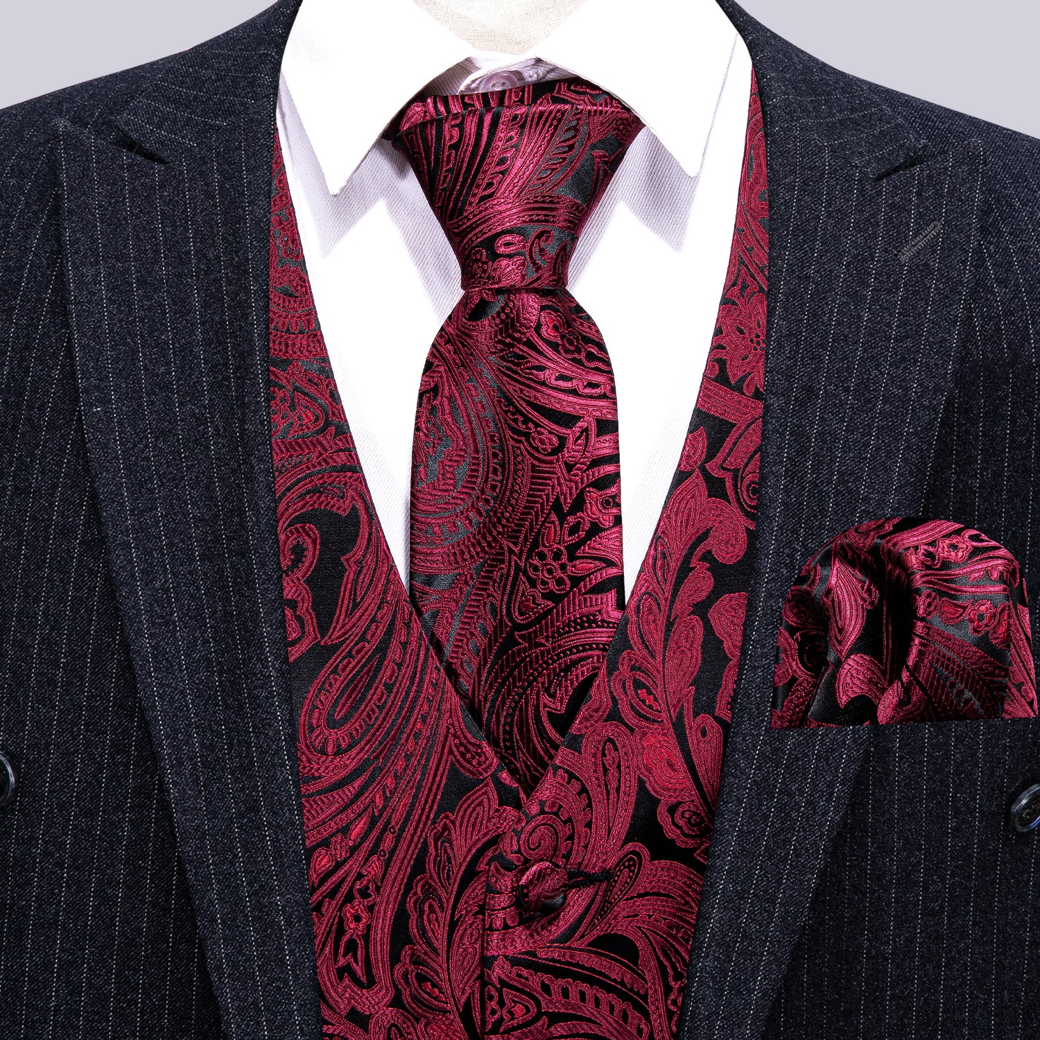 Men's Red Black Paisley Silk Vest Necktie Pocket square Cufflinks
