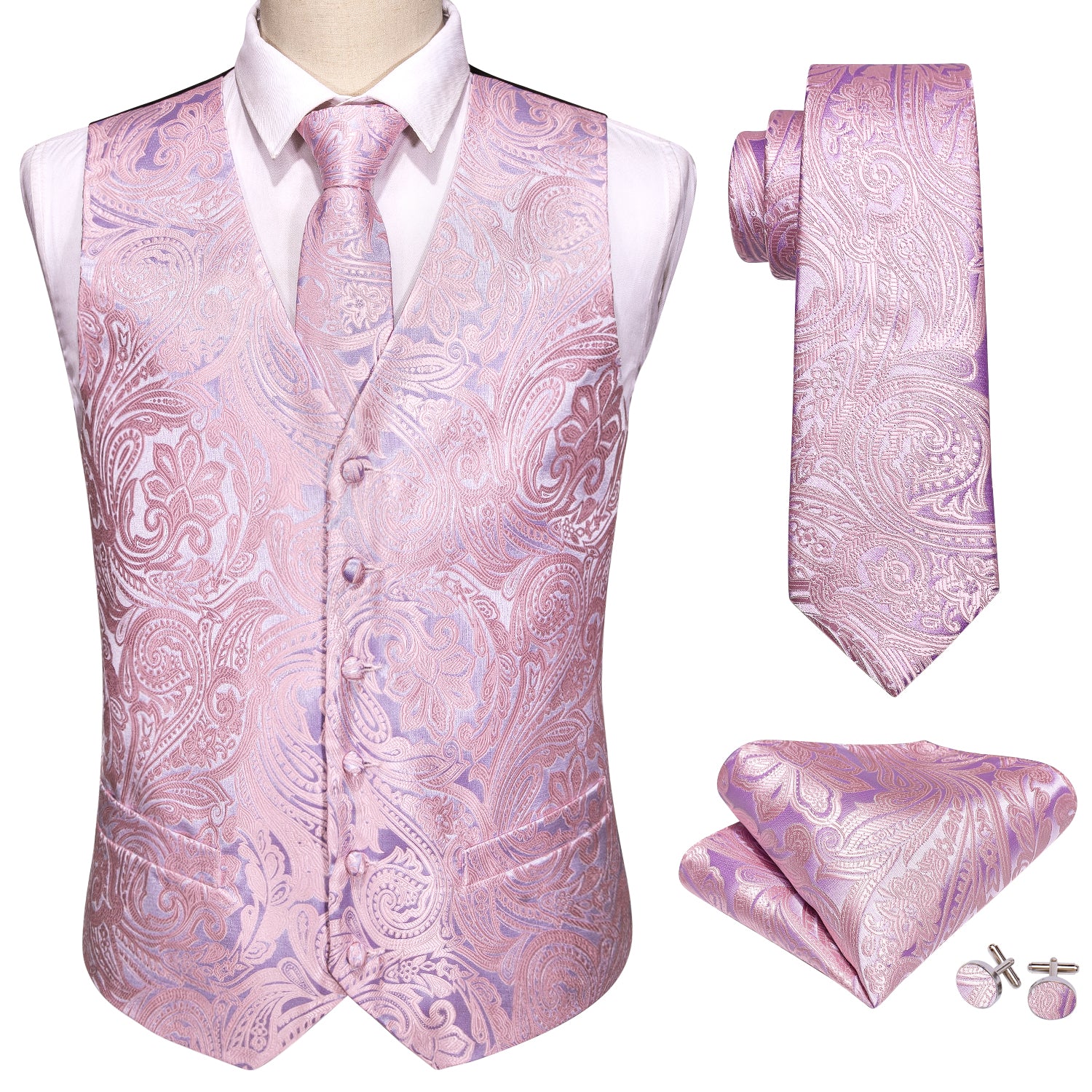Men's Pink Paisley Silk Vest Necktie Pocket square Cufflinks