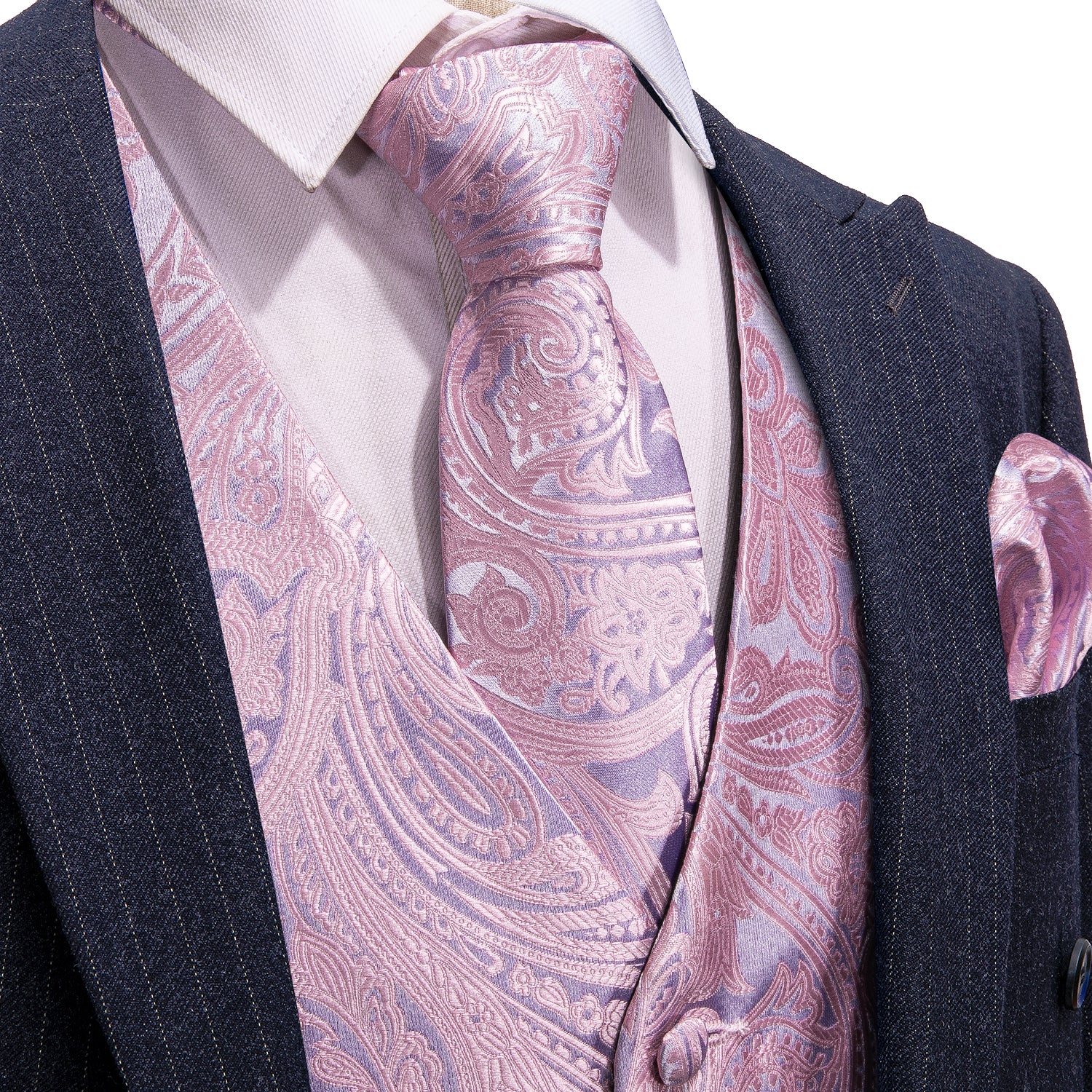 Men's Pink Paisley Silk Vest Necktie Pocket square Cufflinks