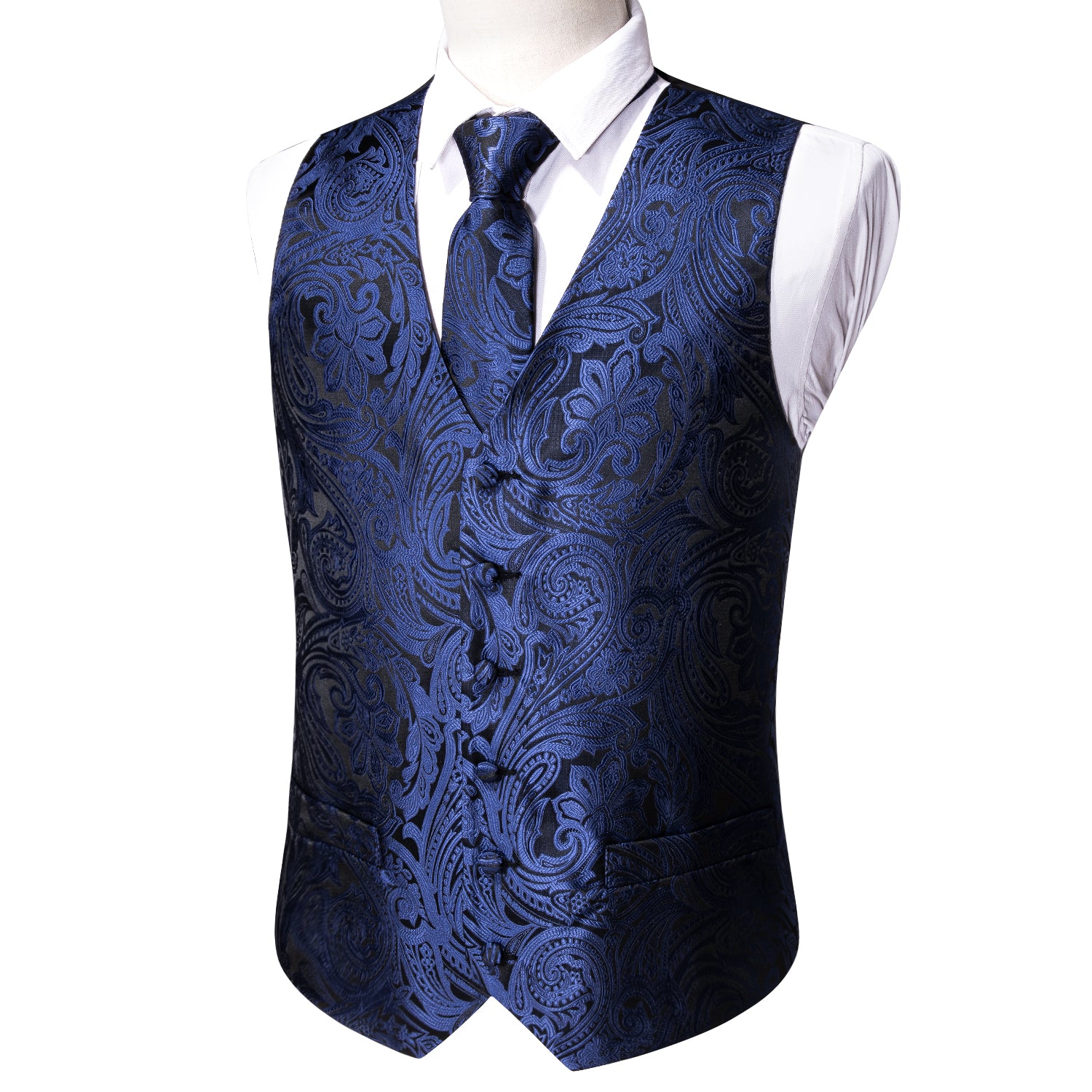 Men's Deep Blue Paisley Silk Vest Necktie Pocket square Cufflinks