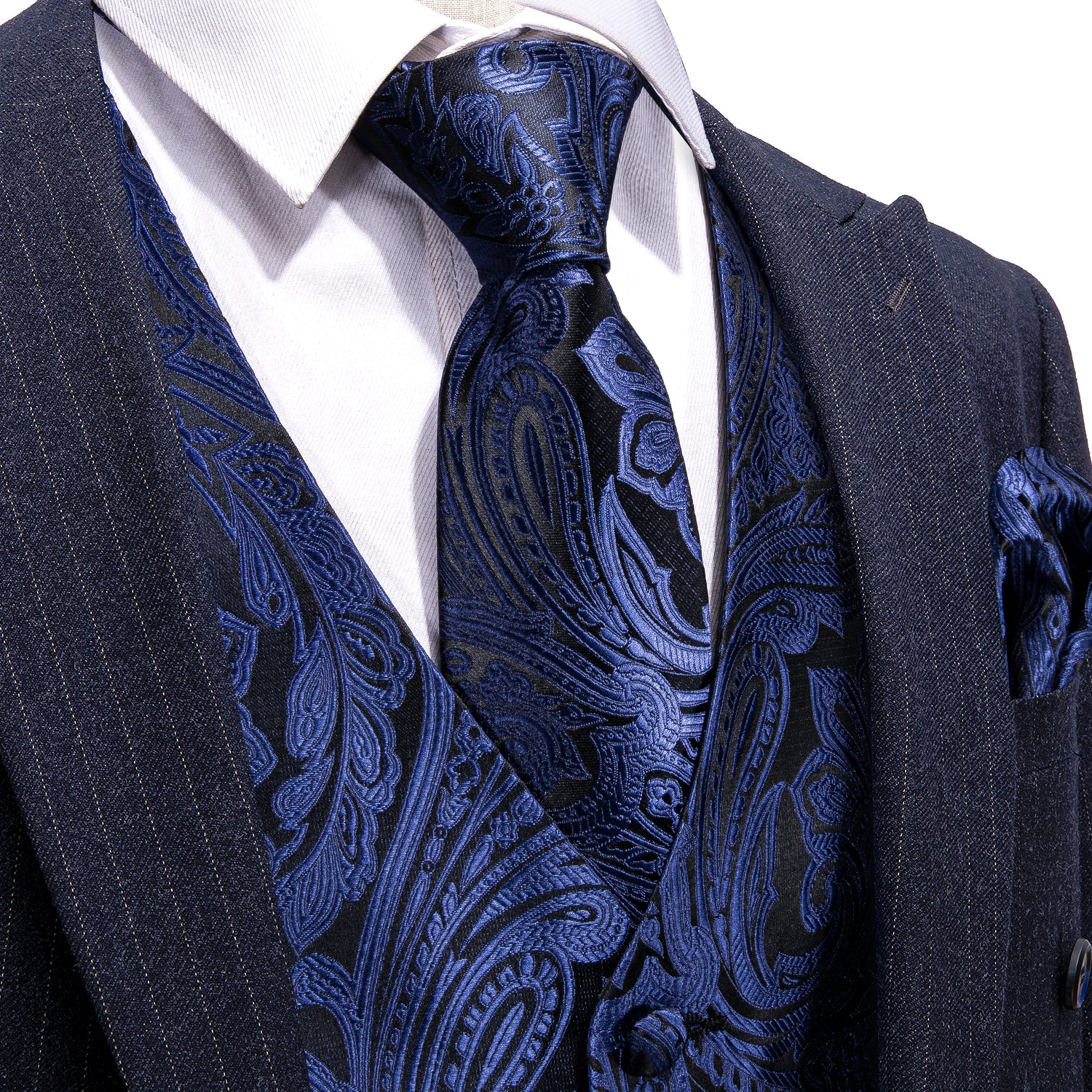 Men's Deep Blue Paisley Silk Vest Necktie Pocket square Cufflinks