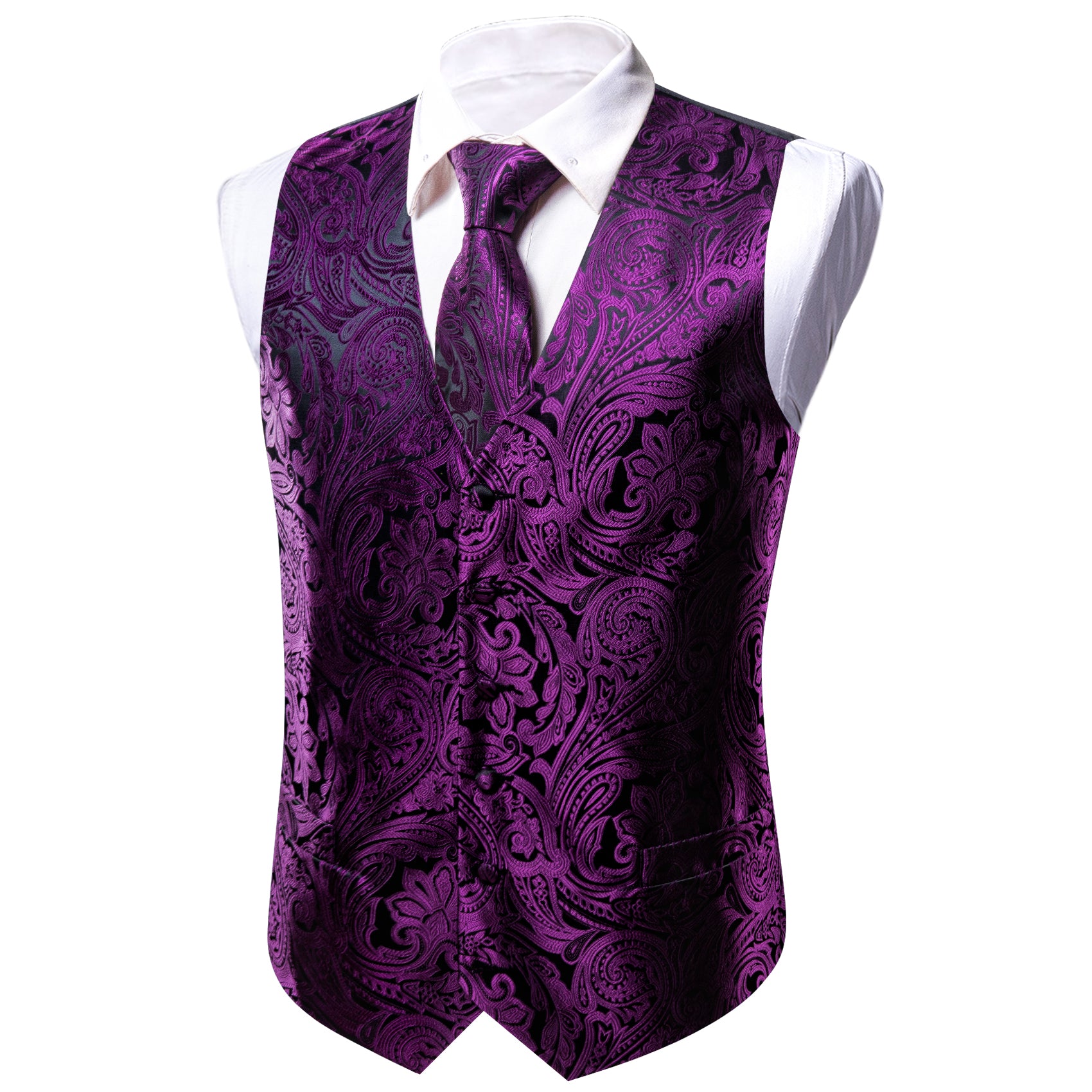 Men's Black Purple Paisley Silk Vest Necktie Pocket square Cufflinks