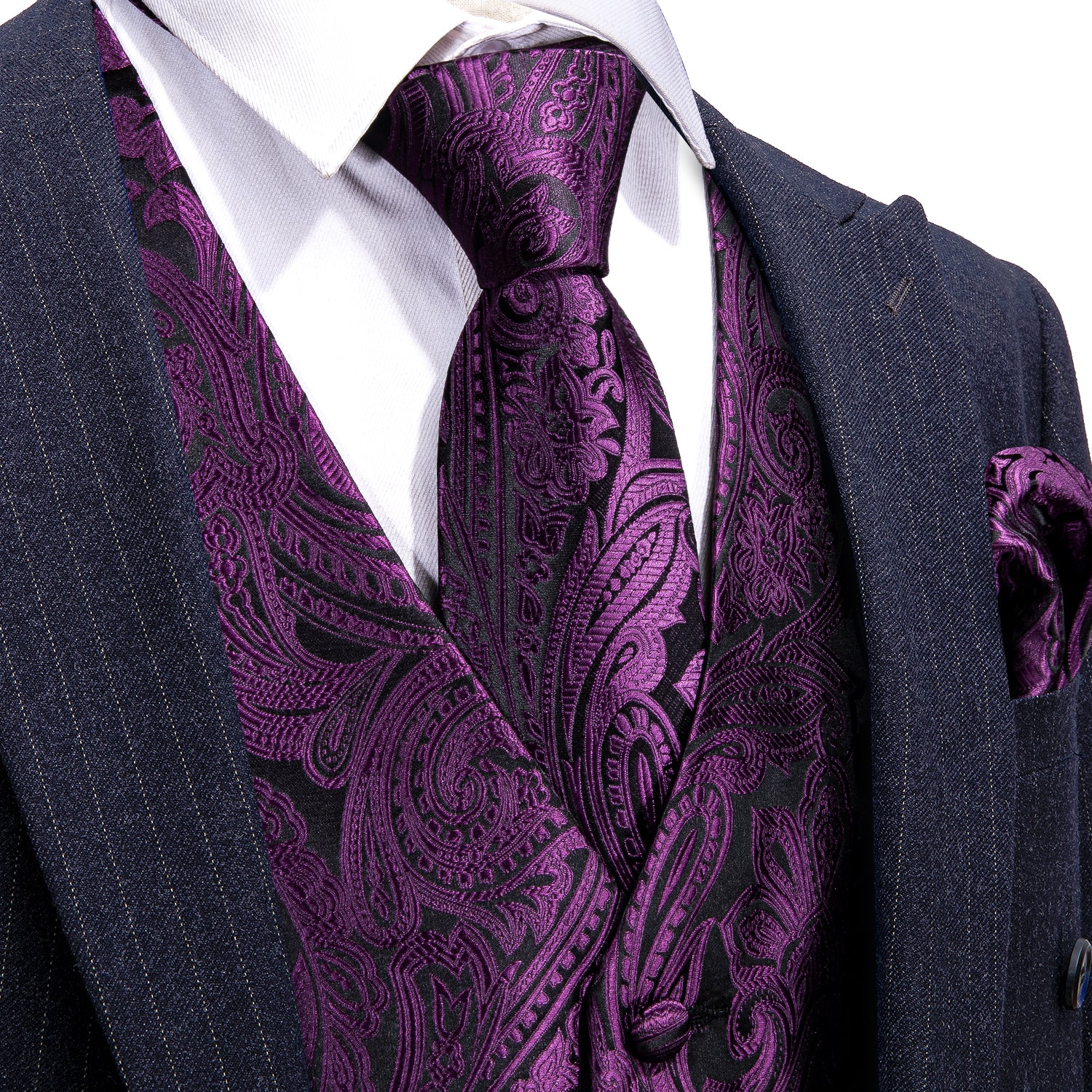 Men's Black Purple Paisley Silk Vest Necktie Pocket square Cufflinks