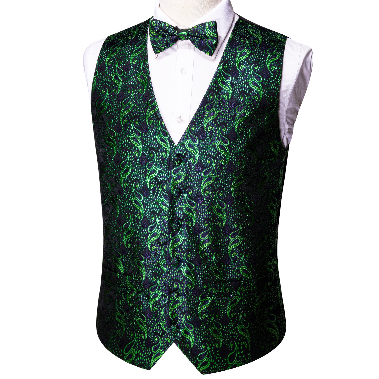 Men's Green Floral Silk Vest Bow tie Pocket square Cufflinks Set