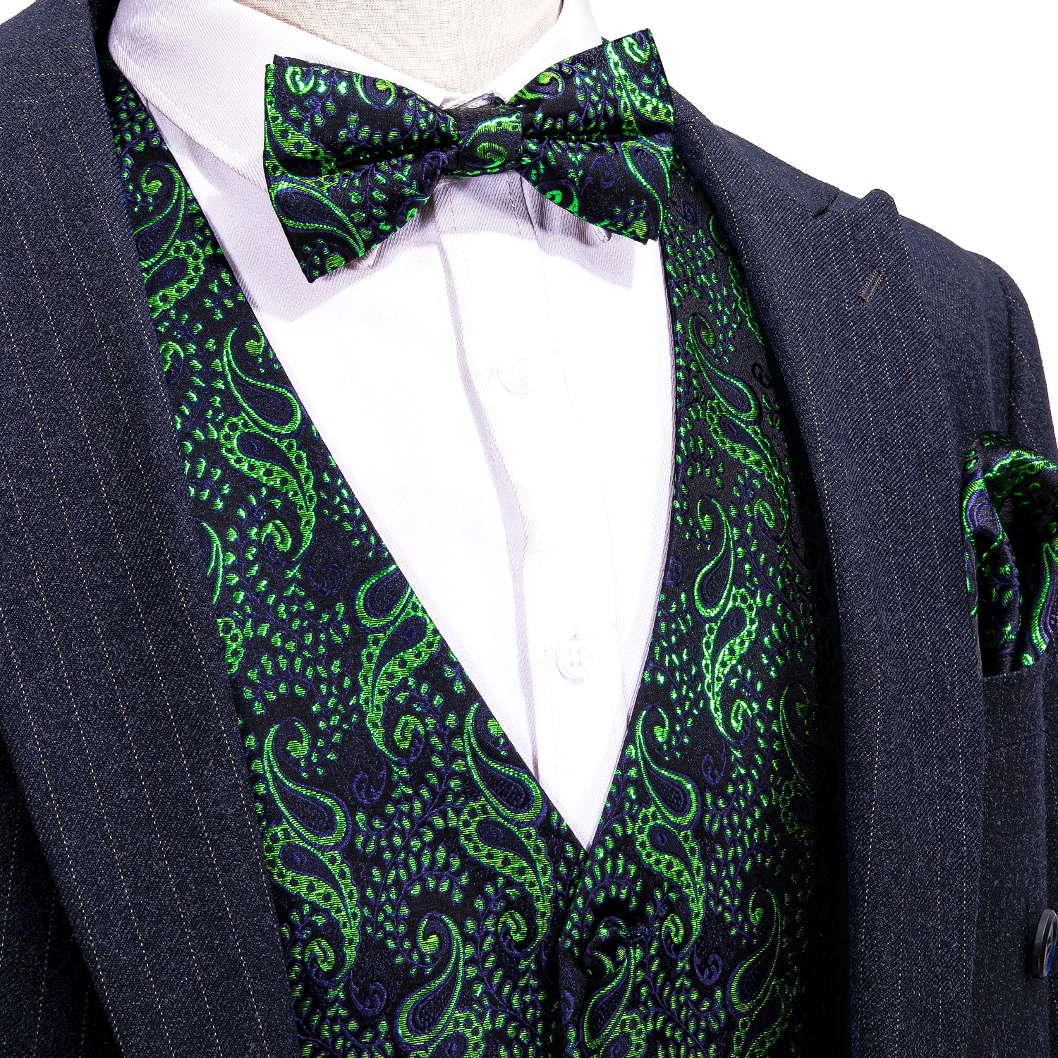 Men's Green Floral Silk Vest Bow tie Pocket square Cufflinks Set