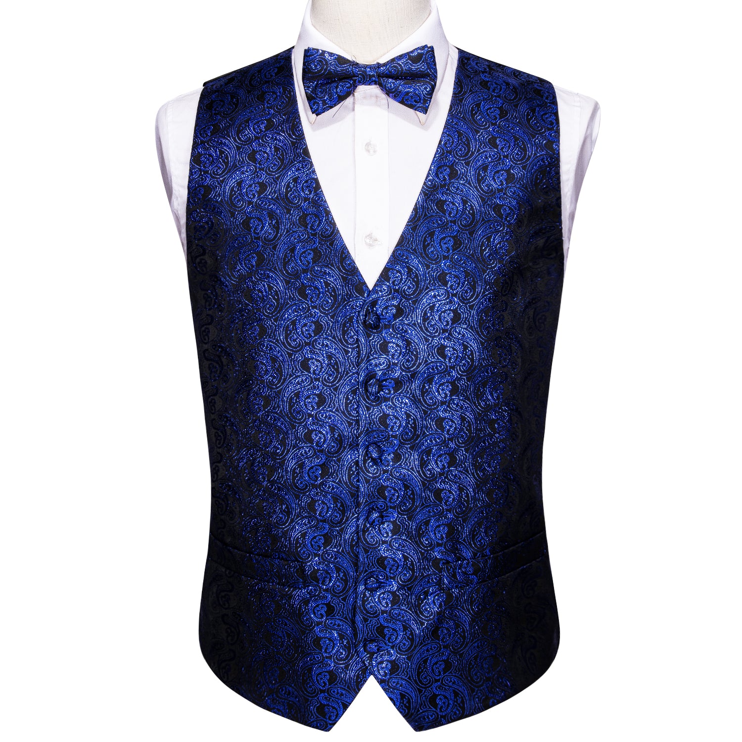 Men's Blue Black Paisley Silk Vest Bow tie Pocket square Cufflinks Set