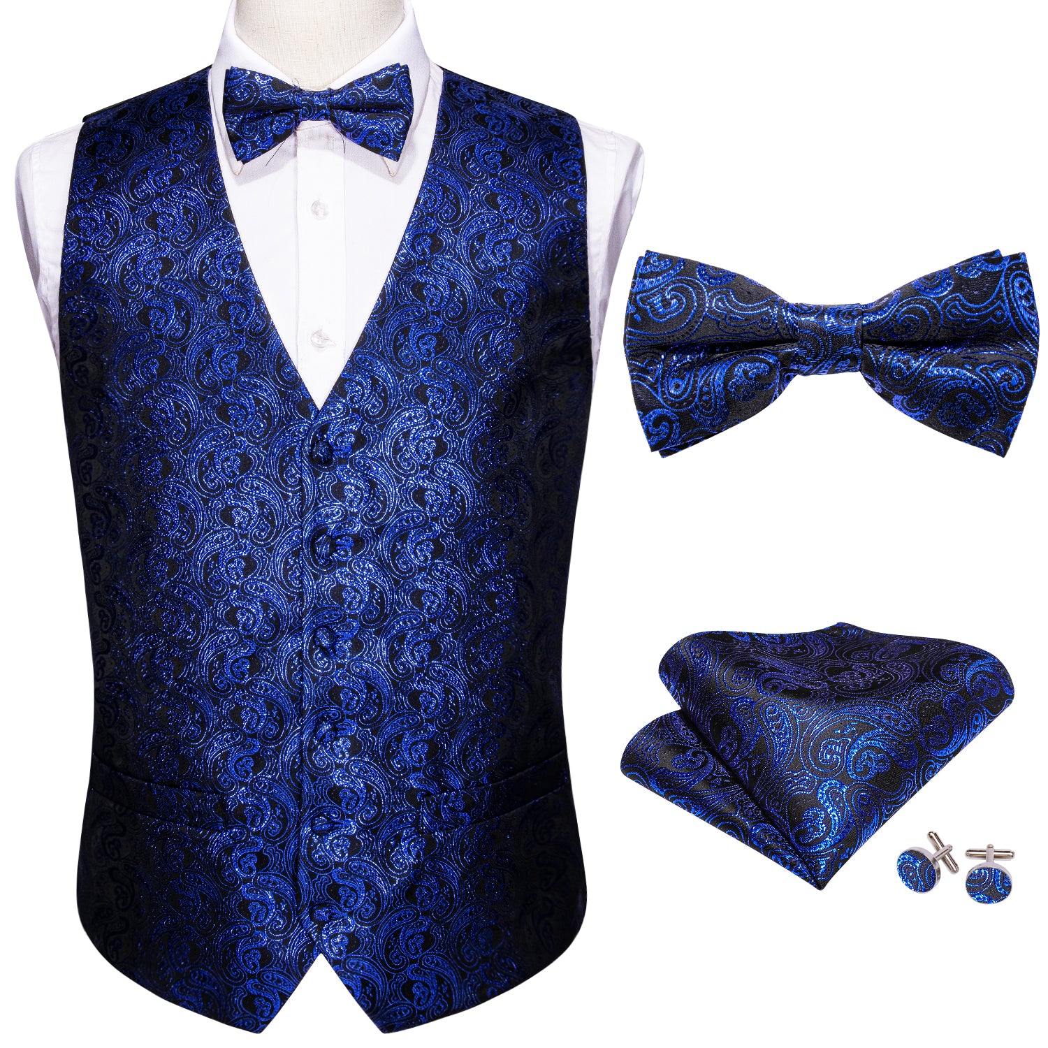Men's Blue Black Paisley Silk Vest Bow tie Pocket square Cufflinks Set