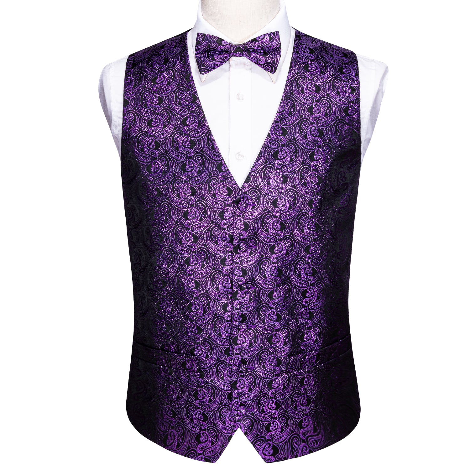 Barry.wang Men's Vest Black Purple Paisley Silk Vest Bow tie Pocket Square Cufflinks Set
