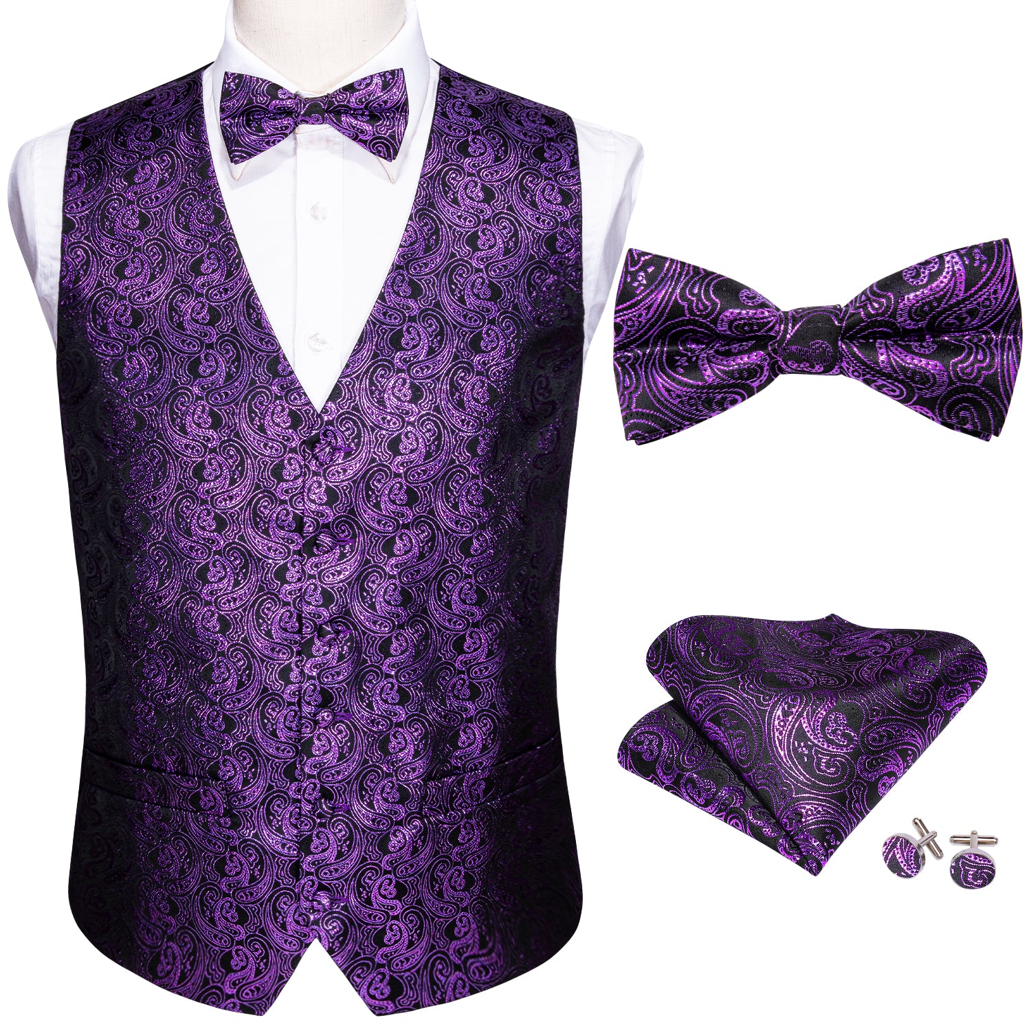 Barry.wang Men's Vest Black Purple Paisley Silk Vest Bow tie Pocket Square Cufflinks Set