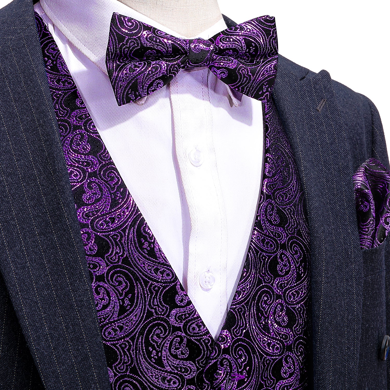 Men's Purple Black Paisley Silk Vest Bow tie Pocket square Cufflinks Set