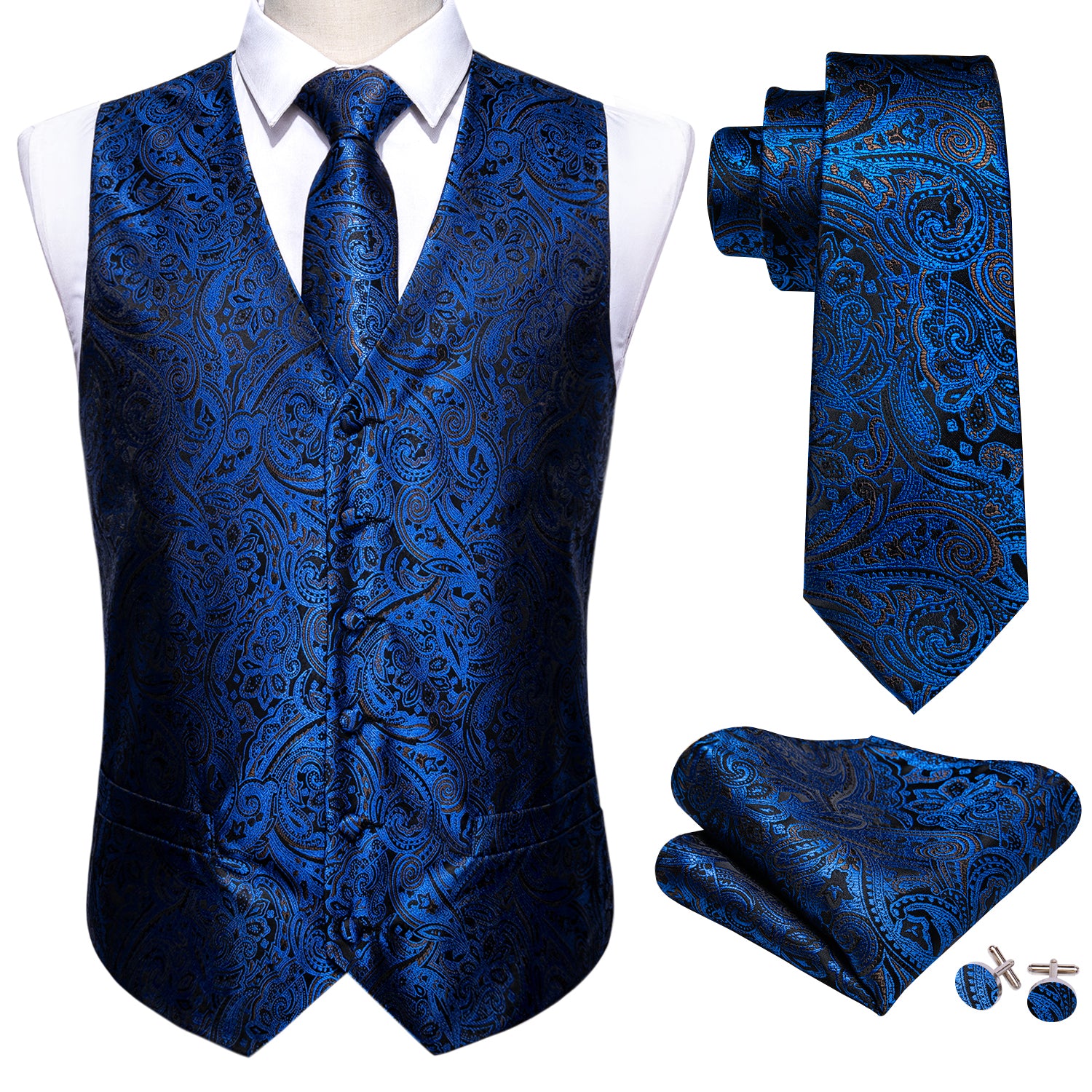 Men's Blue Black Paisley Silk Vest Necktie Pocket Square Cufflinks Set