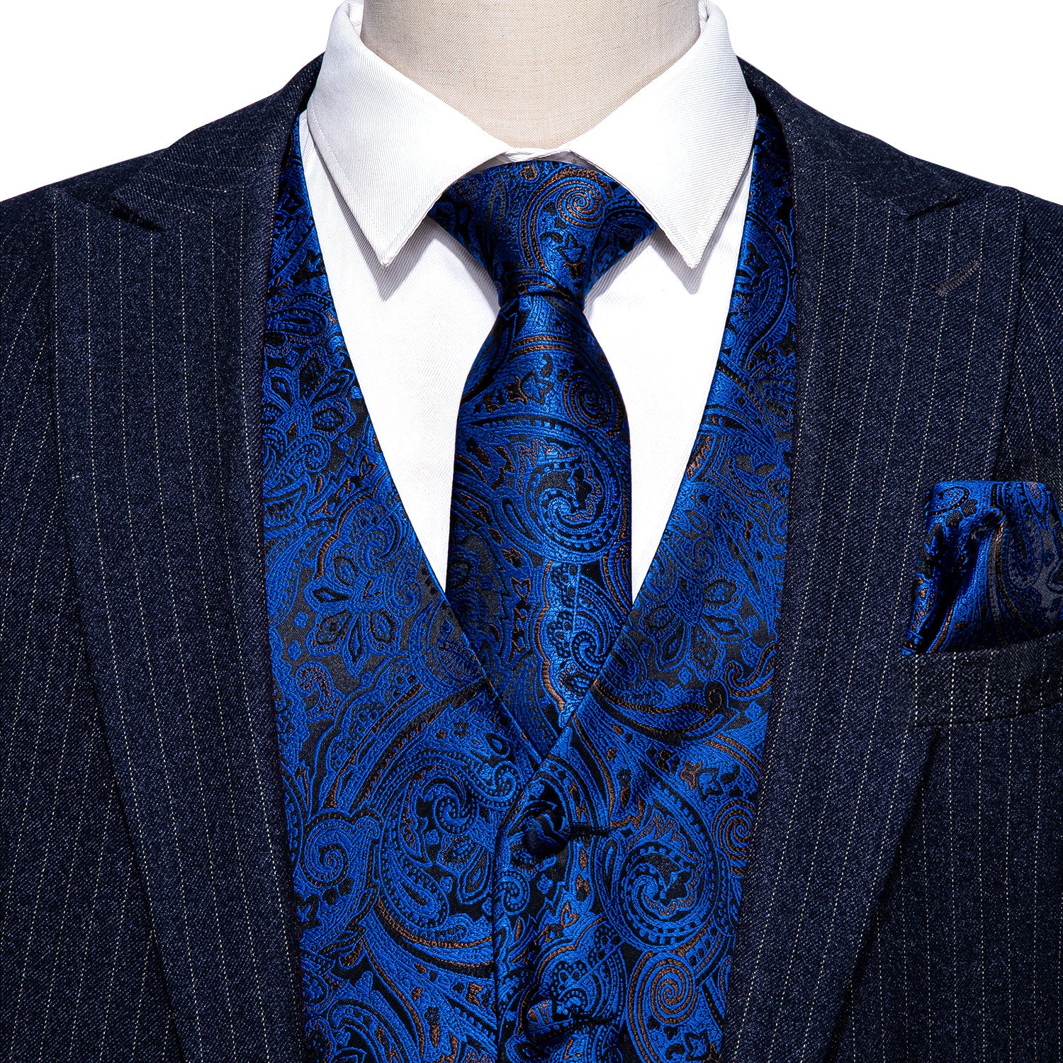 Men's Blue Black Paisley Silk Vest Necktie Pocket Square Cufflinks Set
